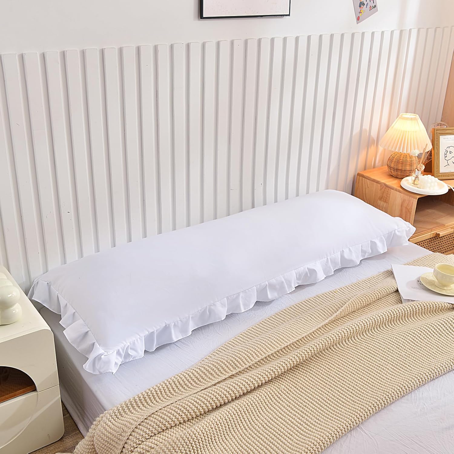 Nanko Body Pillow Case Cover 1 Pack 20x54, White Ruffled Boho Soft Shabby Chic Microfiber Extra Long Decorative Pillow Covers/Pillow Shams, Comfortable Body Pillowcase for Women Men