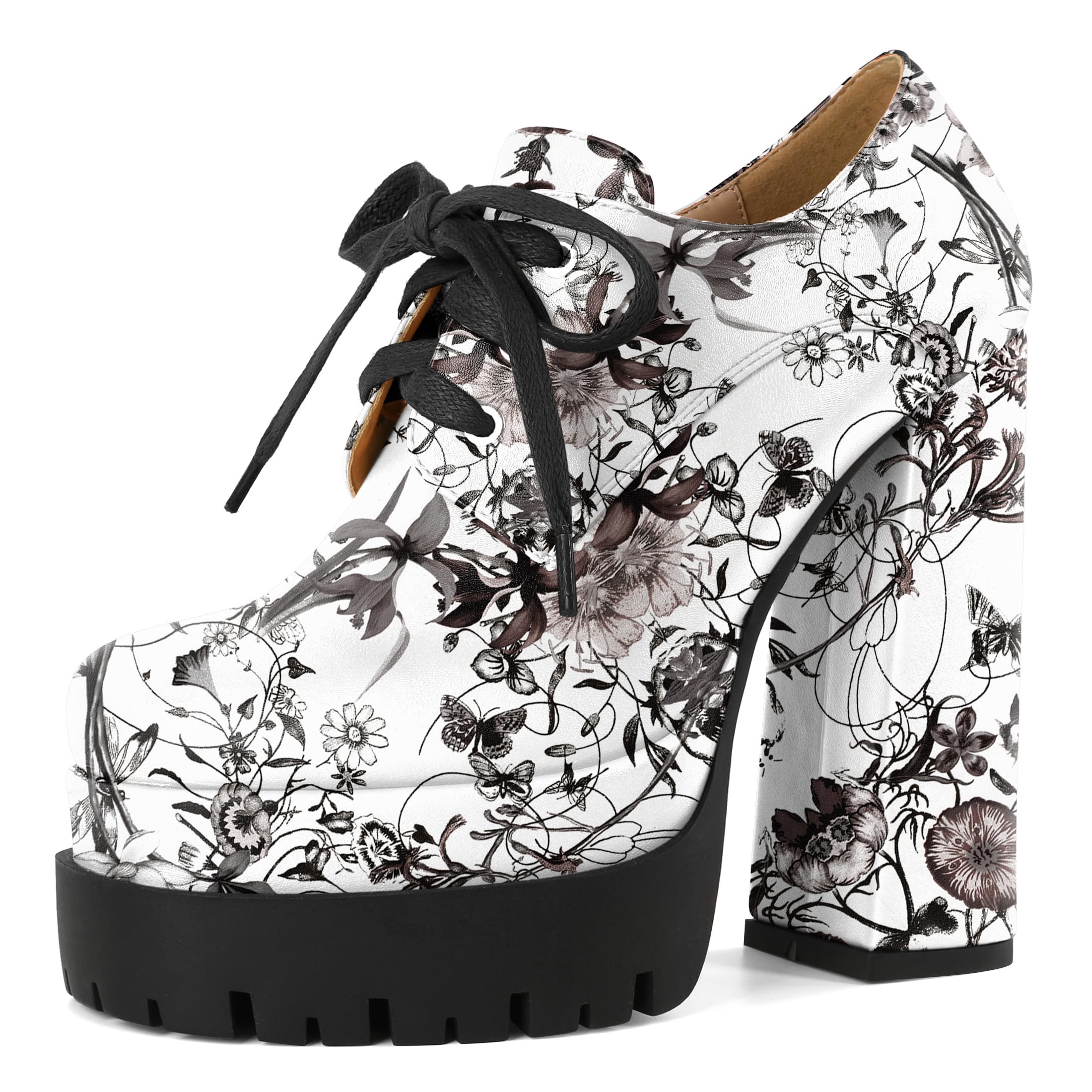 Womens Platform Pumps Round Toe Lace Up Oxford Shoes 15cm 6 inch Chunky Heel Ankle Booties