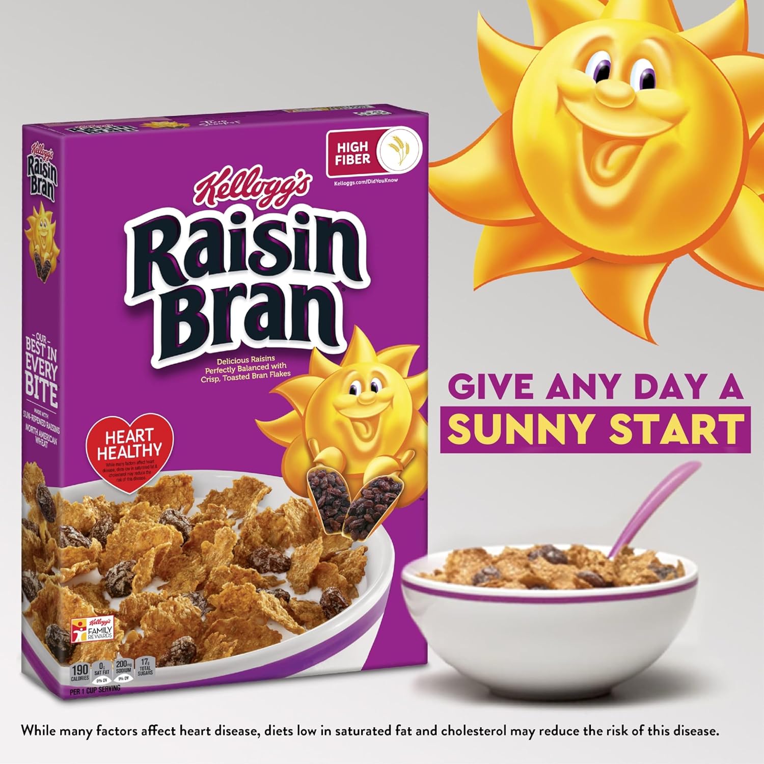 Kellogg's Raisin Bran Cold Breakfast Cereal, High Fiber Cereal, Made with Real Fruit, Original (10 Boxes)