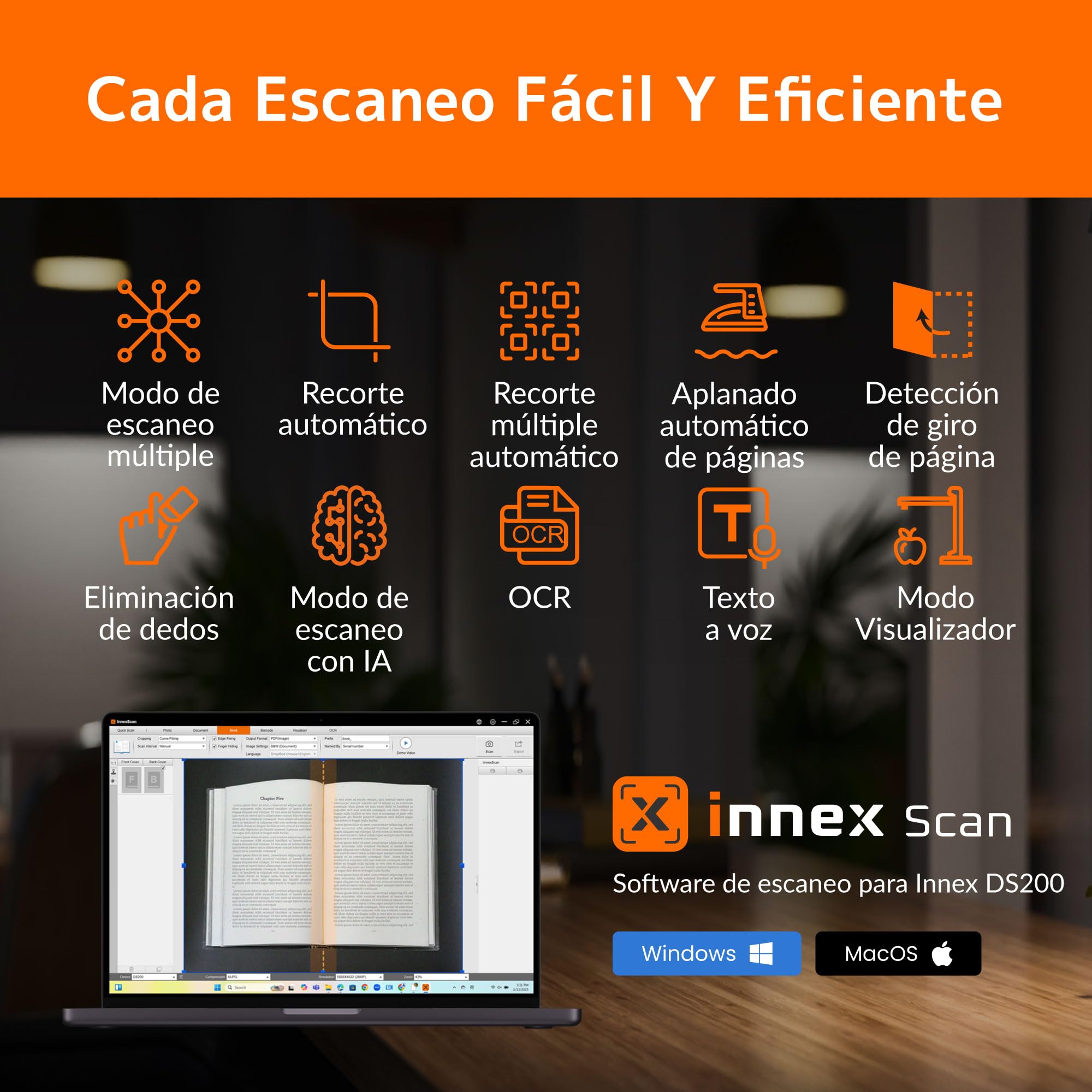 Innex DS200 - Escáner profesional USB de libros, 20.1MP, escaneo A3, OCR de más de 120 idiomas, aplanado automático, dedo eliminado, micrófono integrado