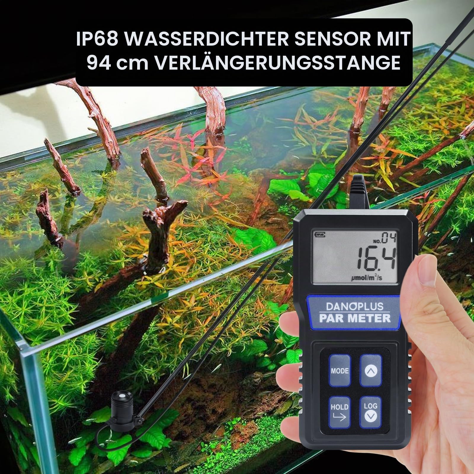PAR-Meter, PAR-Meter für Riffaquarium, IP68 wasserdichtes Aquarien-PAR-Meter, 400-700 nm Spektralbereich, PPFD-Meter mit Datenlogger, 94 cm (37 Zoll) Teleskopstange, 2 m (79 Zoll) Sensorkabel