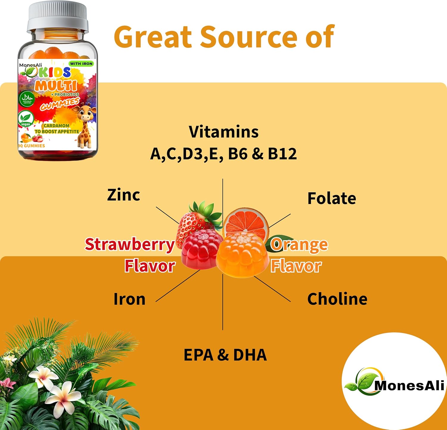 Kids Multivitamin Gummies with Iron & Probiotics – Vegan, Gelatin-Free, Halal, Orange & Strawberry Flavors, 90 Count - Image 4