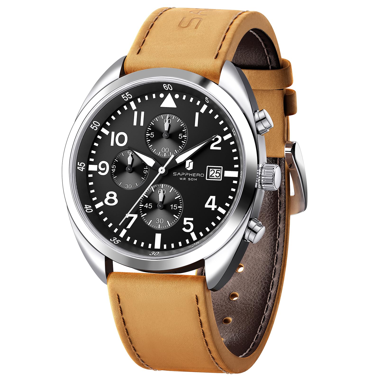 SAPPHERO Orologio da uomo orologio al quarzo analogico con cinturino in pelle, classico orologio da uomo business, quadrante con numeri arabi, facile da leggere | Impermeabile fino a 30 m, design con data, sportivo, casual, business, elegante, regalo per