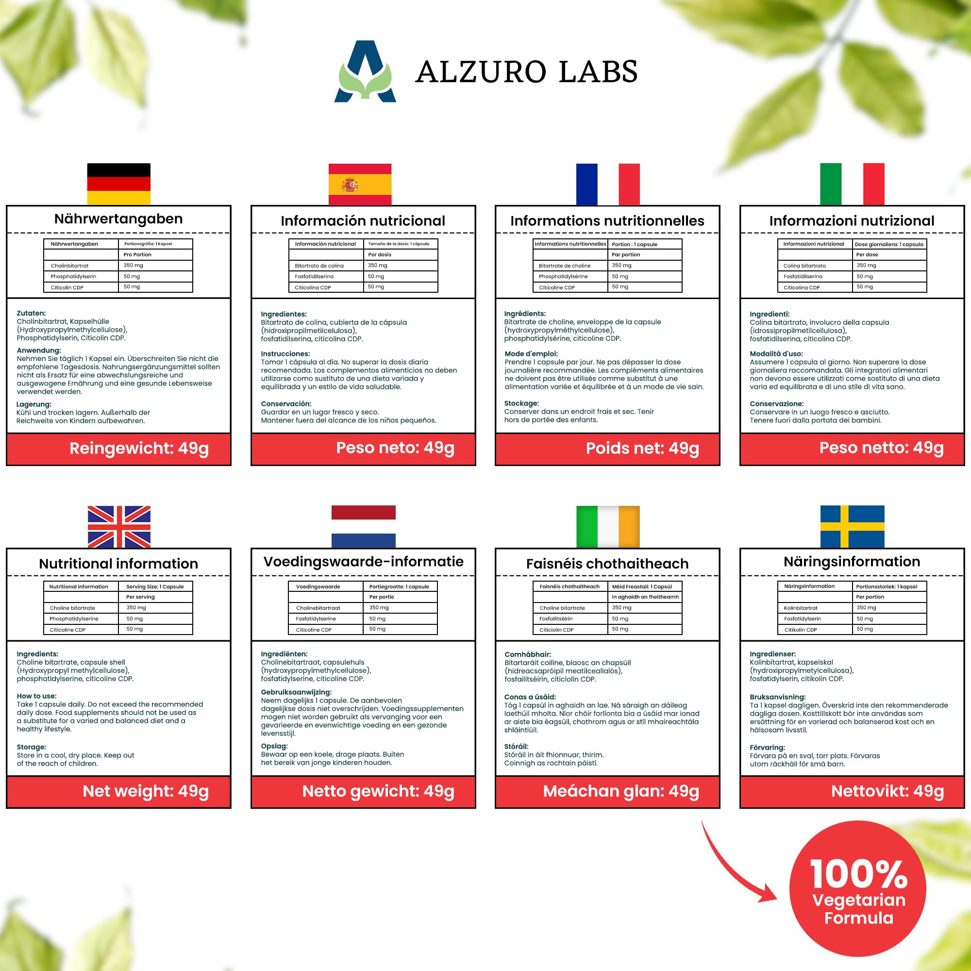 Complexe Choline | Bitartrate de choline, Citicoline (CDP-choline) & Phosphatidylsérine | 120 gélules végétales | GMP & Testé en Laboratoire Indépendant
