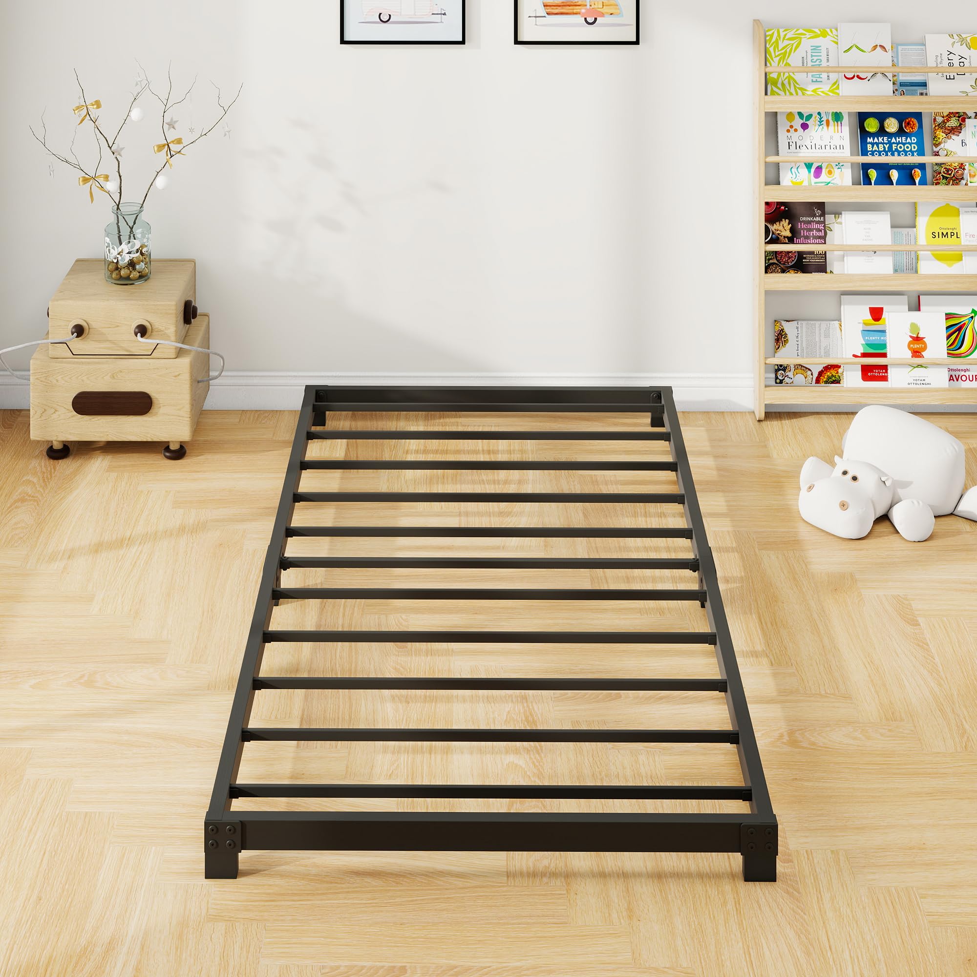 Metallbett 90x200 cm - 8 cm Hoch, Einzelbettgestell aus Metall mit Stahllattenstütze, Einfache Montage, Geräuschlos, Schwarz