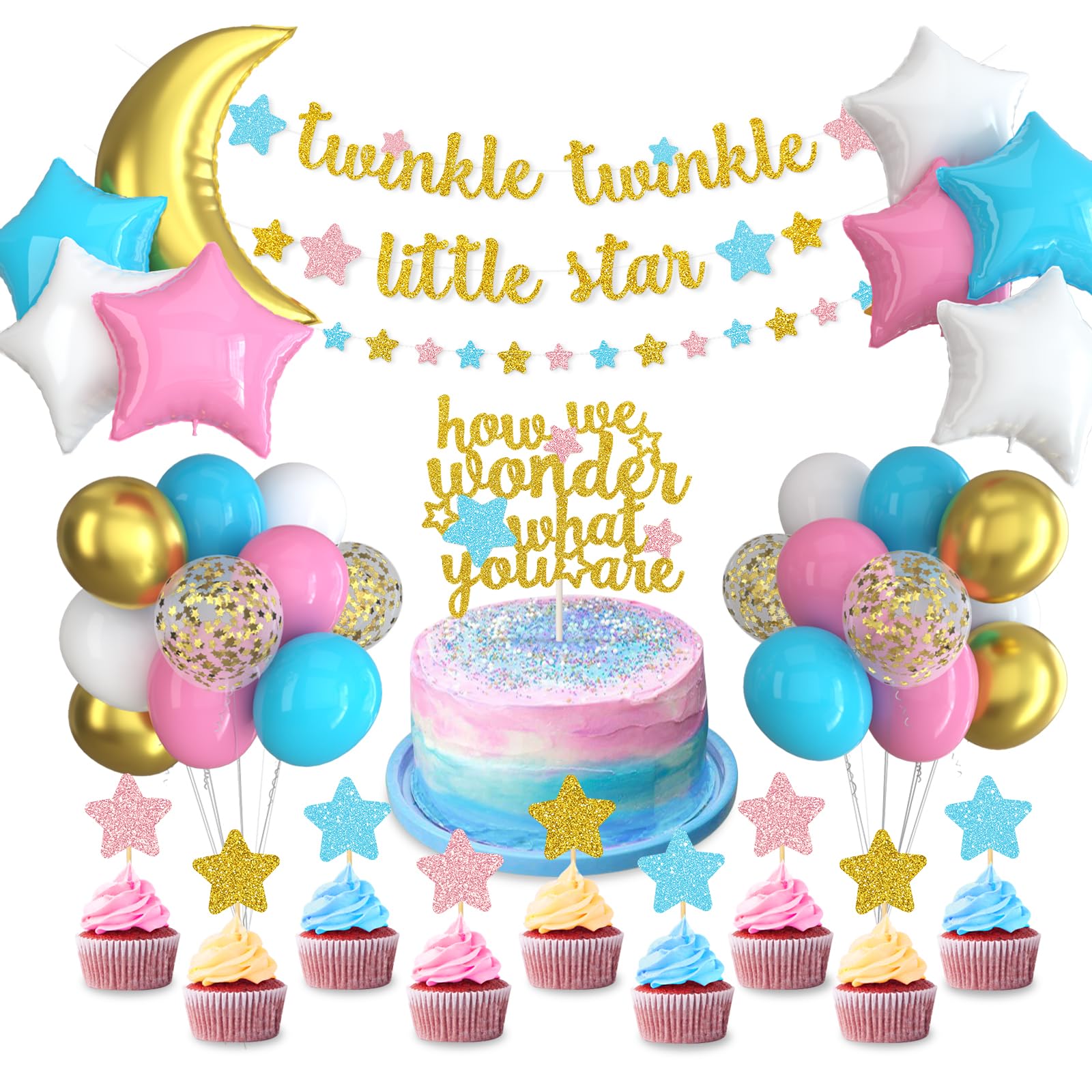 (Twinkle Twinkle Little Star Set) - Yaaaaasss Gender Reveal Party Decorations Twinkle Twinkle Little Star Banner Pink Blue Gold Star Cake Topper Moon and Star Balloons Boy or Girl He or She Baby Sh...