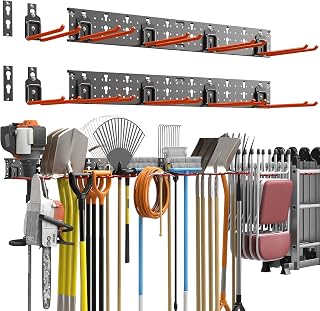 TORACK Garden Tool Organizer Wall Mount Rack - 10 Heavy-Duty 11" Hooks for Shovels, Rakes, Brooms, Ladders & Folding Chairs on Keyhole Shelving