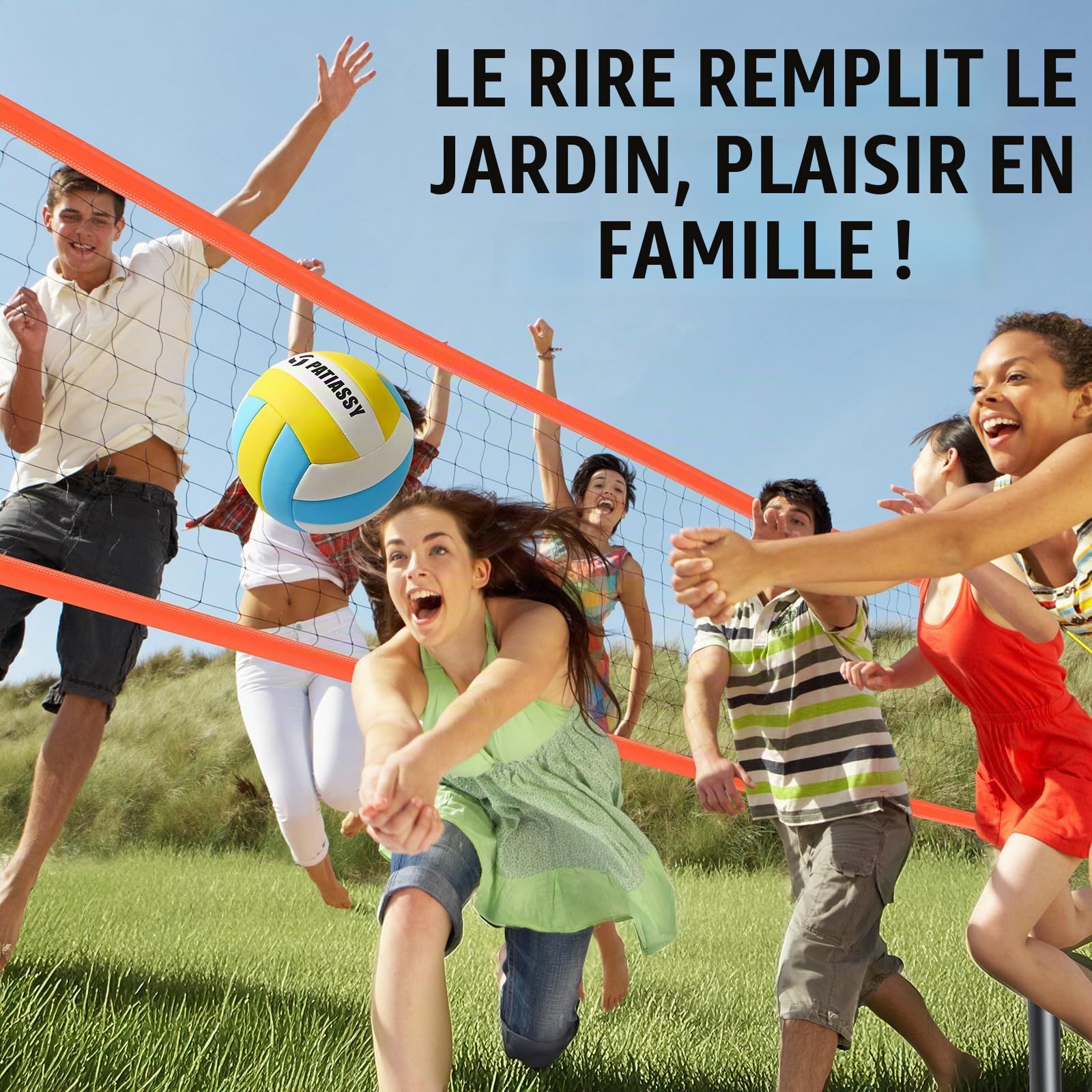 Filet de volleyball professionnel pour le jardin avec barres réglables en hauteur [revêtement antirouille], ligne de délimitation, ballon de volley-ball en polyuréthane, pompe, tendeur de