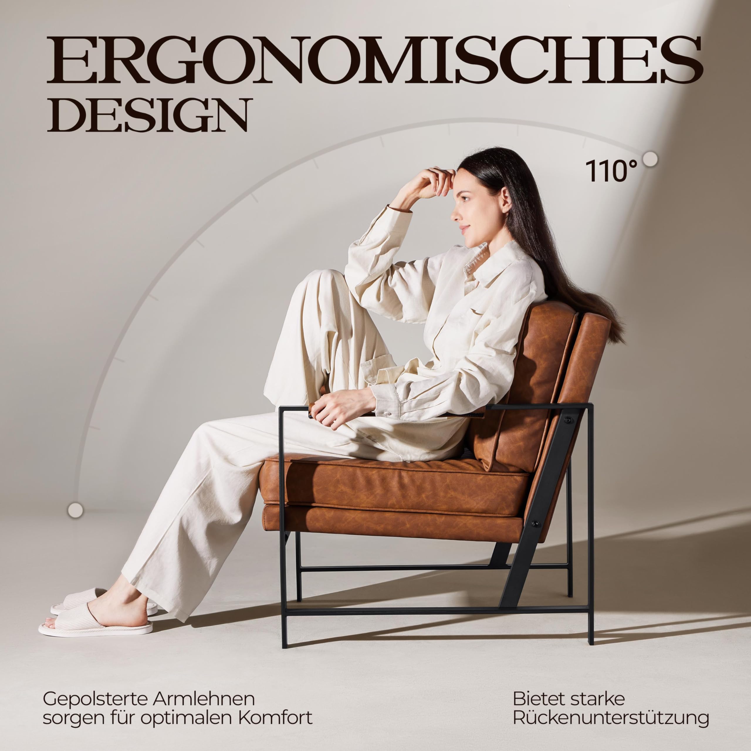 Yaheetech Retro Sessel Stuhl Lehnstuhl Relaxsessel mit Rückenlehne Einzelsessel mit Metallrahmen und Kunstleder, Hellbraun