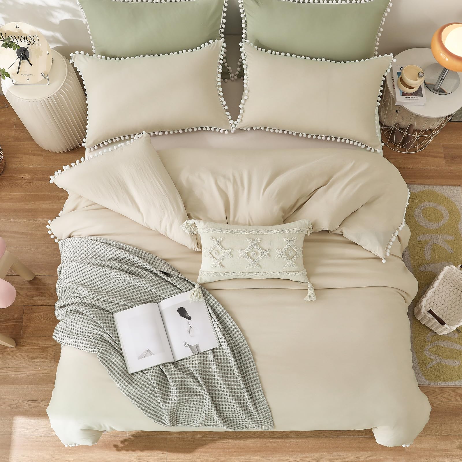WONGS BEDDING King Size Duvet Cover Sets Beige and White Tassels Pompom Bedding Set 3PCS with 2 Pillowcases Cozy Soft Microfiber Zipper Closure King Size Bedding Sets for All Season (220x230cm) - Image 3