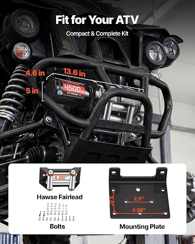 VEVOR Treuil Électrique 12 V CC 2041 kg Treuil pour Quad SSV Tout-terrain Remorquage, Câble en Acier 6 mm x 12 m, Télécommande sans Fil et Filaire, Étanche IP54, avec Platine et Guide-câble à Rouleaux - 5