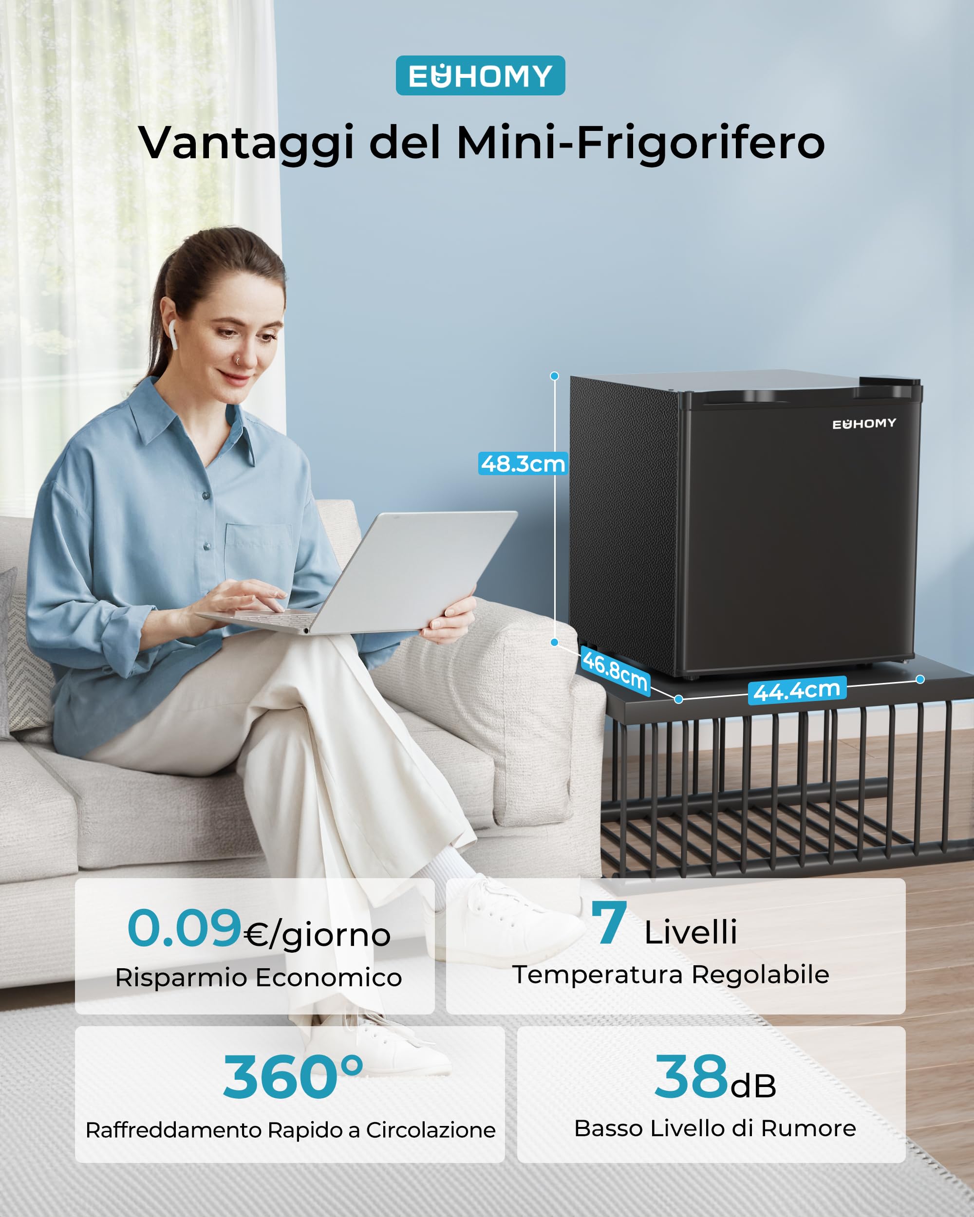 EUHOMY Mini Frigorifero, 46L Frigorifero Piccolo, Frigorifero compatto con Porta Reversibile, Termostato a 7 Livelli, 38dB Silenzioso, Frigorifero per Camera, Ufficio, Appartamenti, Nero