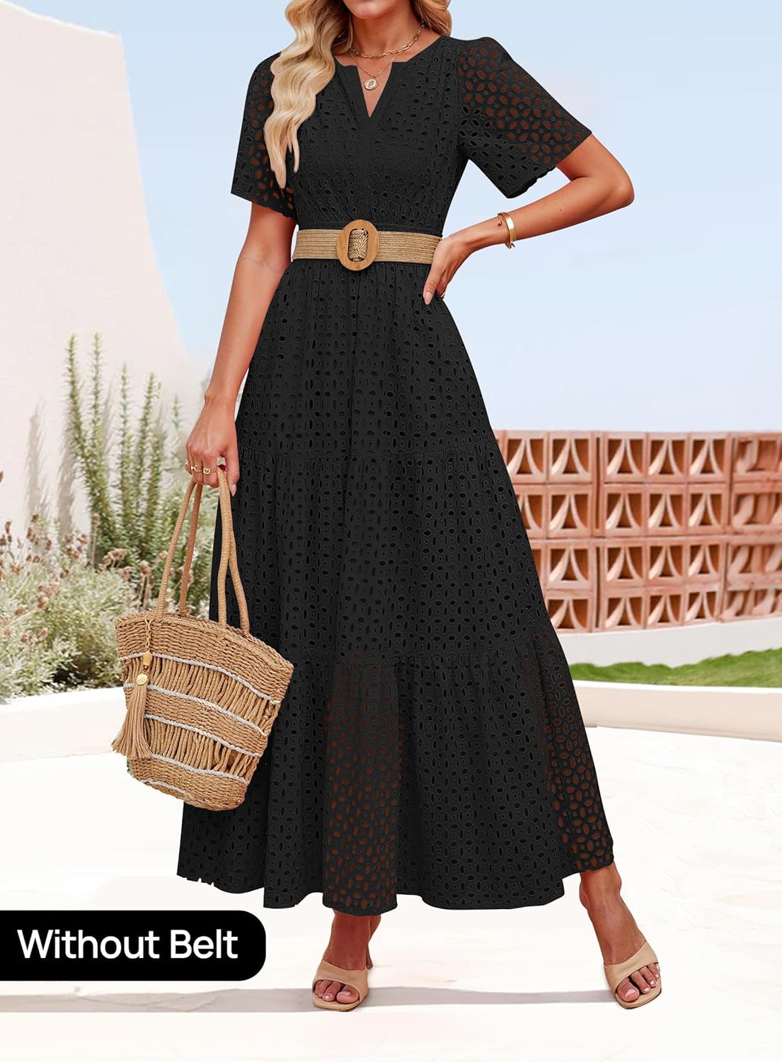 ZESICA Women's 2026 Summer Short Sleeve Maxi Dress Casual V Neck Hollow Out Eyelet Ruffle Swing A Line Long Dresses - Image 2