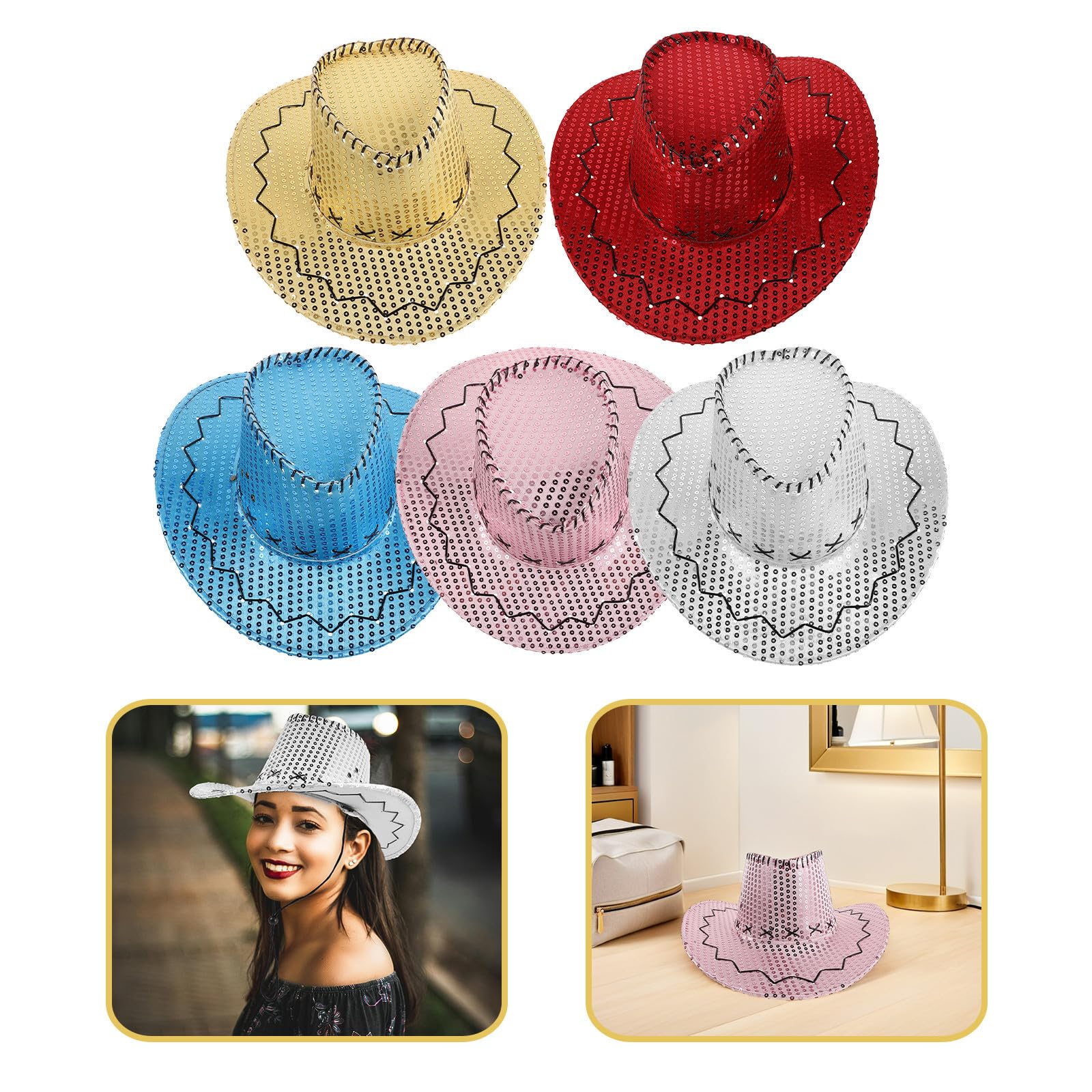 Sombrero Cowboy con Brillo para Mujer con ala Ancha de Lentejuelas, Tejido Cómodo y Diseño Clásico para Eventos al Aire Libre y Fiestas de Boda, Pack de 5 Piezas