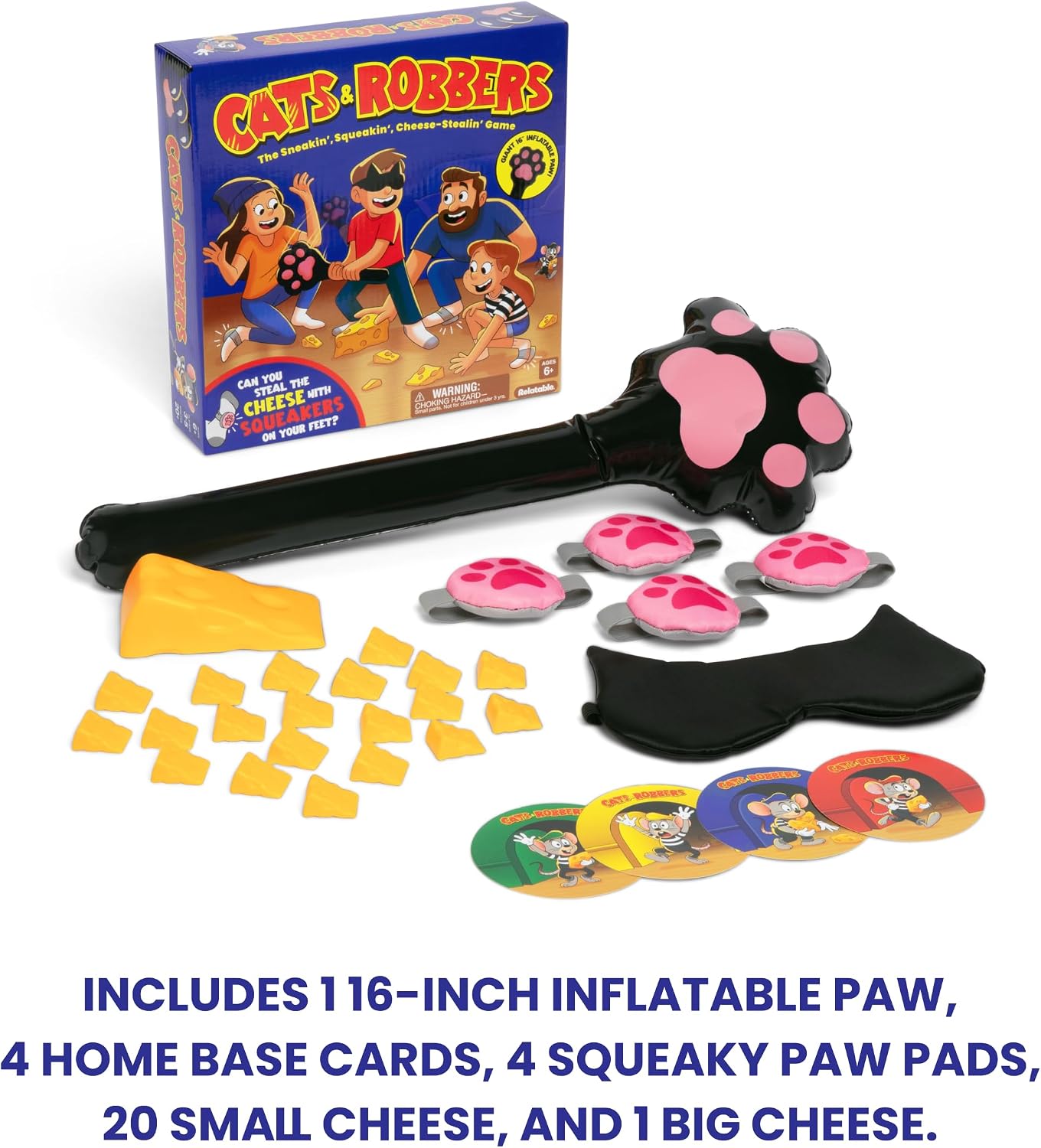 Cats and Robbers by Relatable - Can You Steal the Cheese Without Getting Caught? an Up and Active Family Games and Kids Games Pick - Includes 1 Inflatable Paw, Cheese, Squeaky Mice Feet and More.