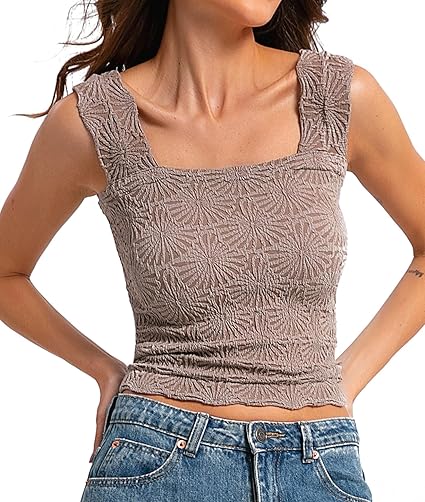 Women's Square Neck Wide Strap Crop Tank Tops Flower Going Out Tops Slim Fit Lettuce Trim Crop Cami Tops