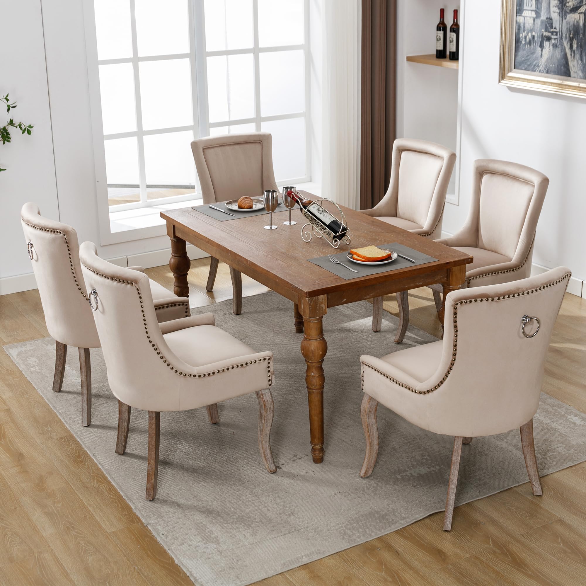 Lot de 6 chaises de salle à manger de luxe rembourrées avec tête cloutée et pieds en bois massif, housse en velours, beige