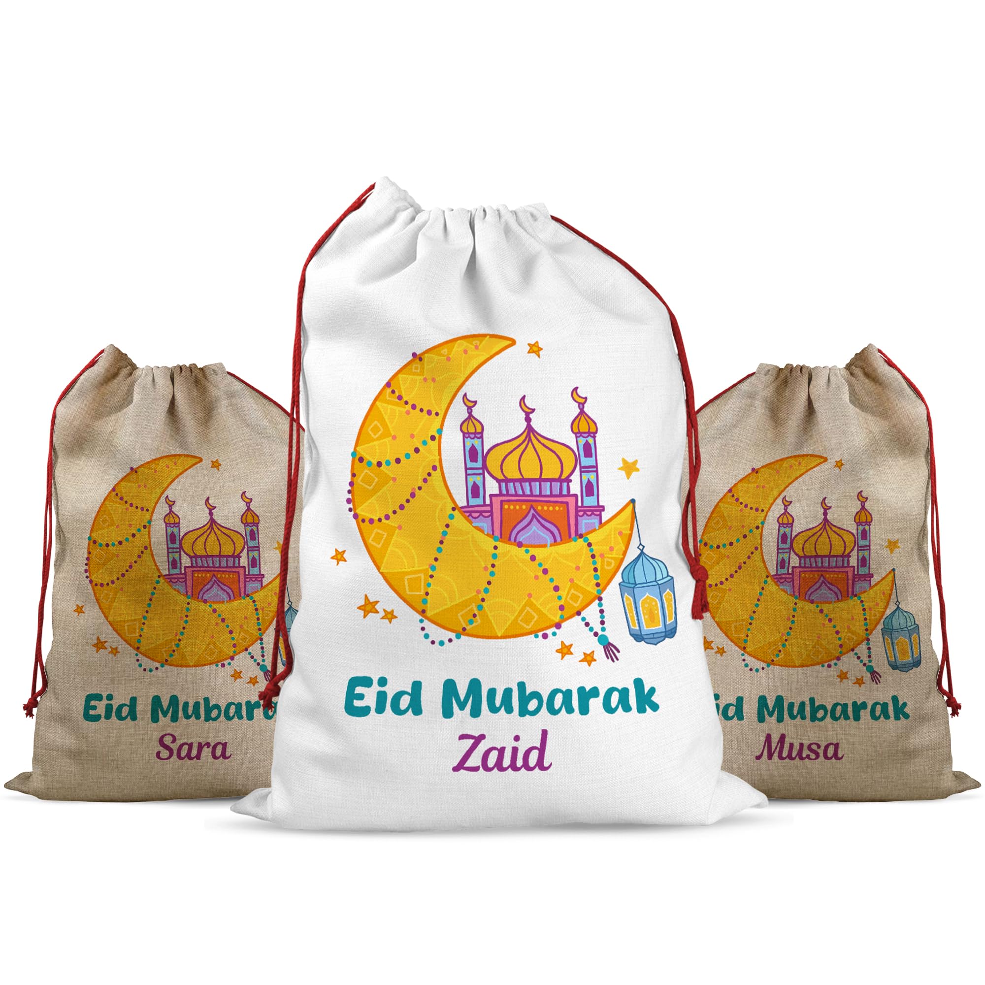 Personalised Eid Mubarak Gift Bag Sack – Ramadan Treat Bag with Name – Reusable Drawstring Islamic Gift Sack for Eid al-Fitr & Eid al-Adha – Kids Sweets Toys Presents Bag with Long-Lasting Print