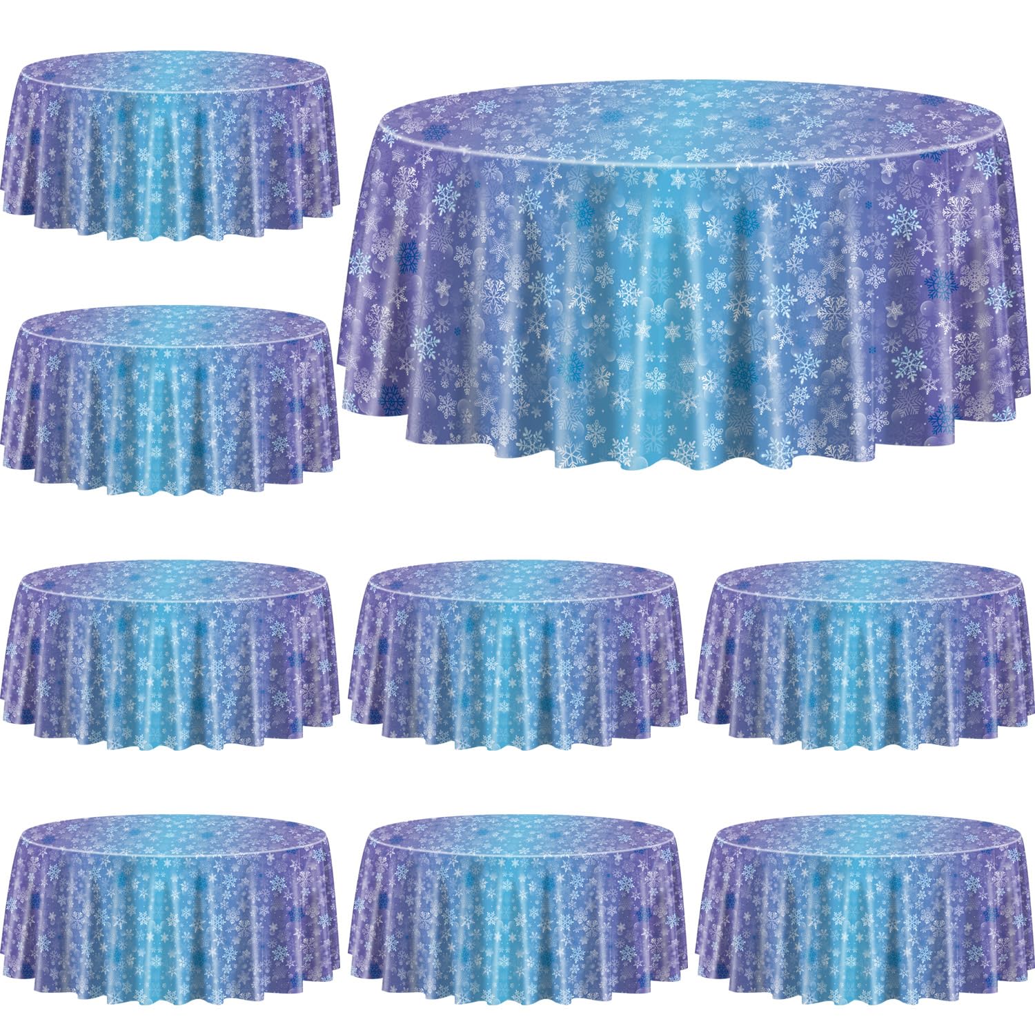 9 Pack Winter Snowflake Tablecloths for Round Table, 84x84'' Blue and Purple Snowflake Plastic Round Table Cover Winter Wonderland Party Decorations for Girls Princess Party Christmas Winter Holiday