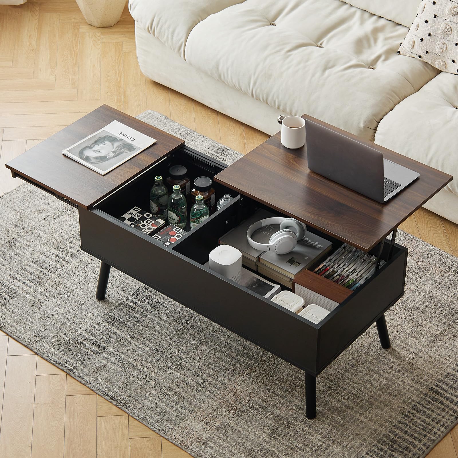 Tavolino alto nero con vano portaoggetti nascosto, design estensibile, per piccoli spazi, altezza regolabile per divani 100 x 50 cm, arredamento moderno per soggiorno