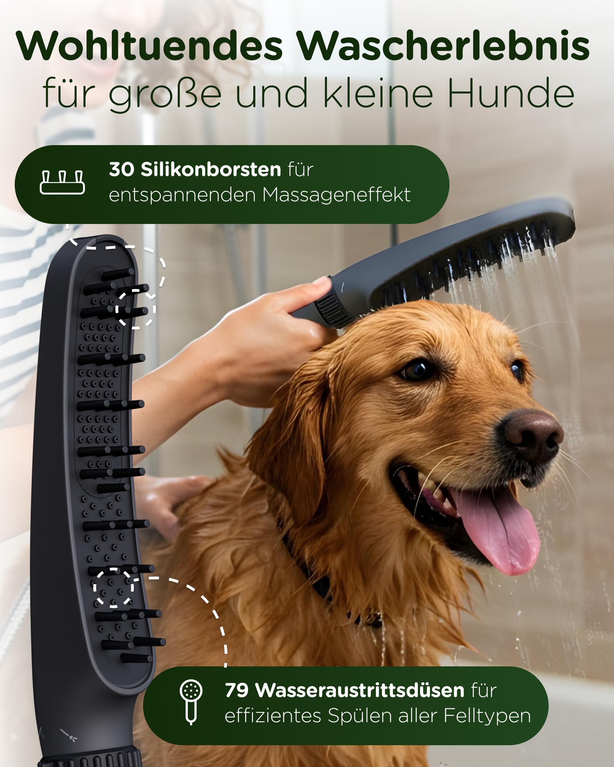 KUNTO® Hundebrausekopf inkl. Gartenschlauchadapter & Wasserstop - Hundedusche Duschkopf mit 79 Düsen, 4 Strahlarten & 30 Silikon-Massage-Borsten - Mobile Hunde-Duschbrause für drinnen & draußen