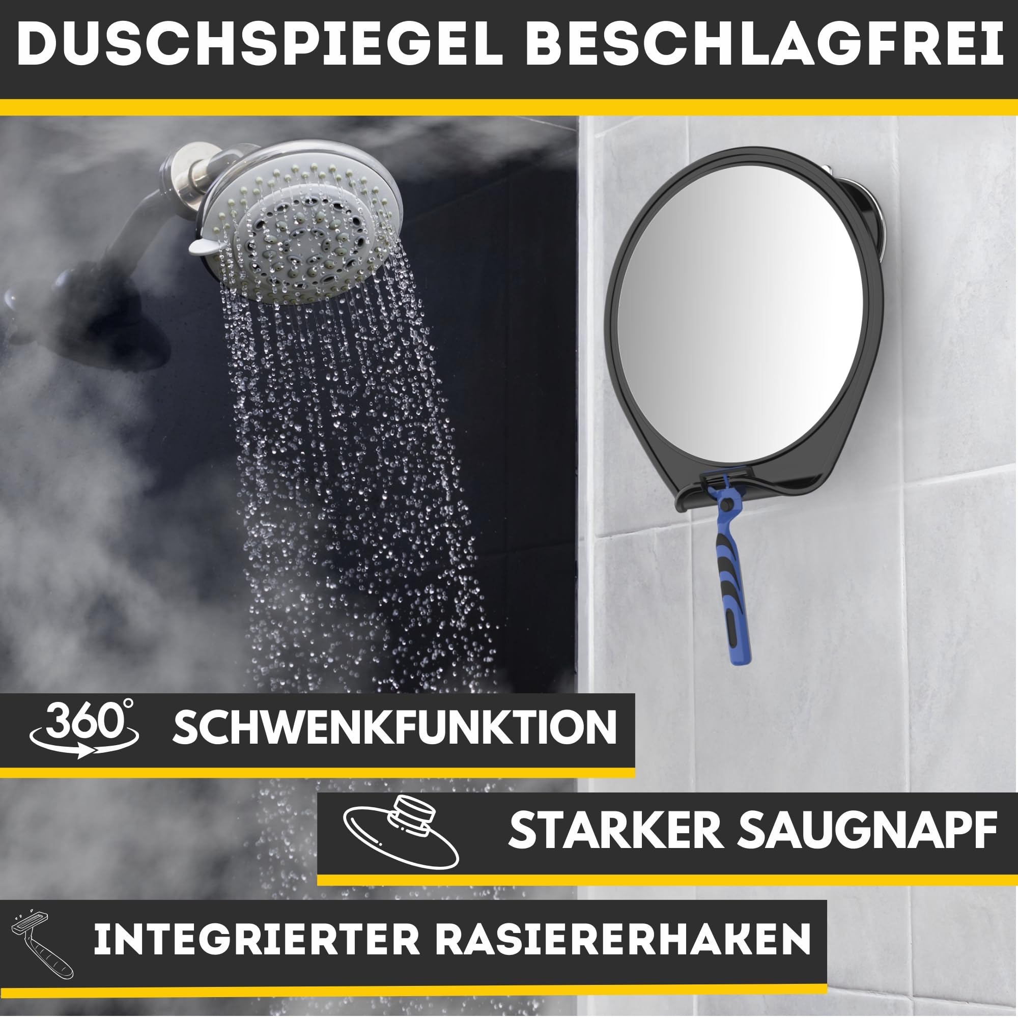 HONEYBULL Rasierspiegel für die Dusche ohne Beschlagen - mit Saugnapf, Rasierhalter & Drehfunktion, Kompakter Duschspiegel für das Badezimmer, Ideal zum Rasieren und Schminken, Schwarz
