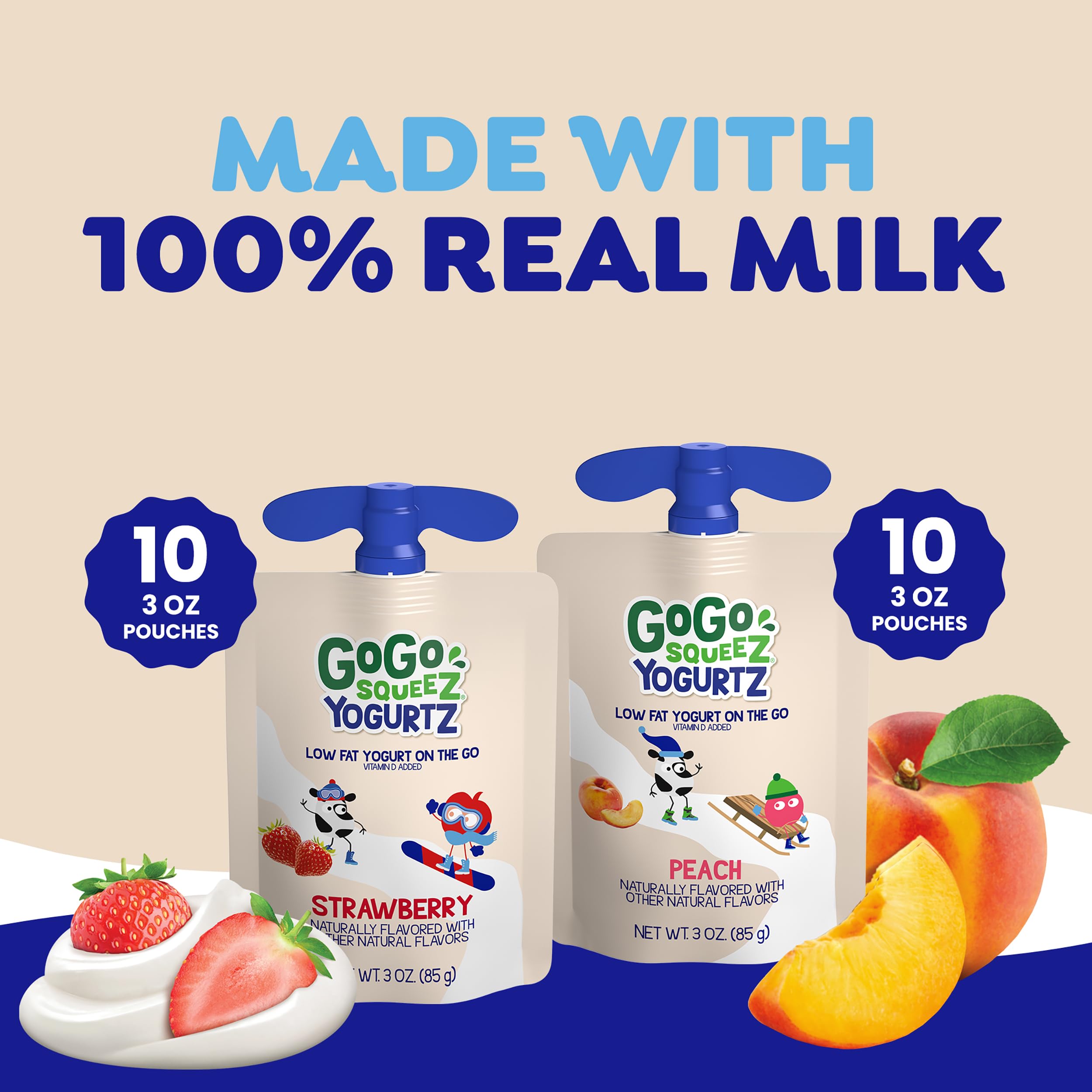 GoGo squeeZ YogurtZ Lot de 20 collations pour enfants avec de vrais yaourts et fruits, pas de réfrigérateur nécessaire, sans gluten, sans noix, bouchon refermable, pochettes sans BPA