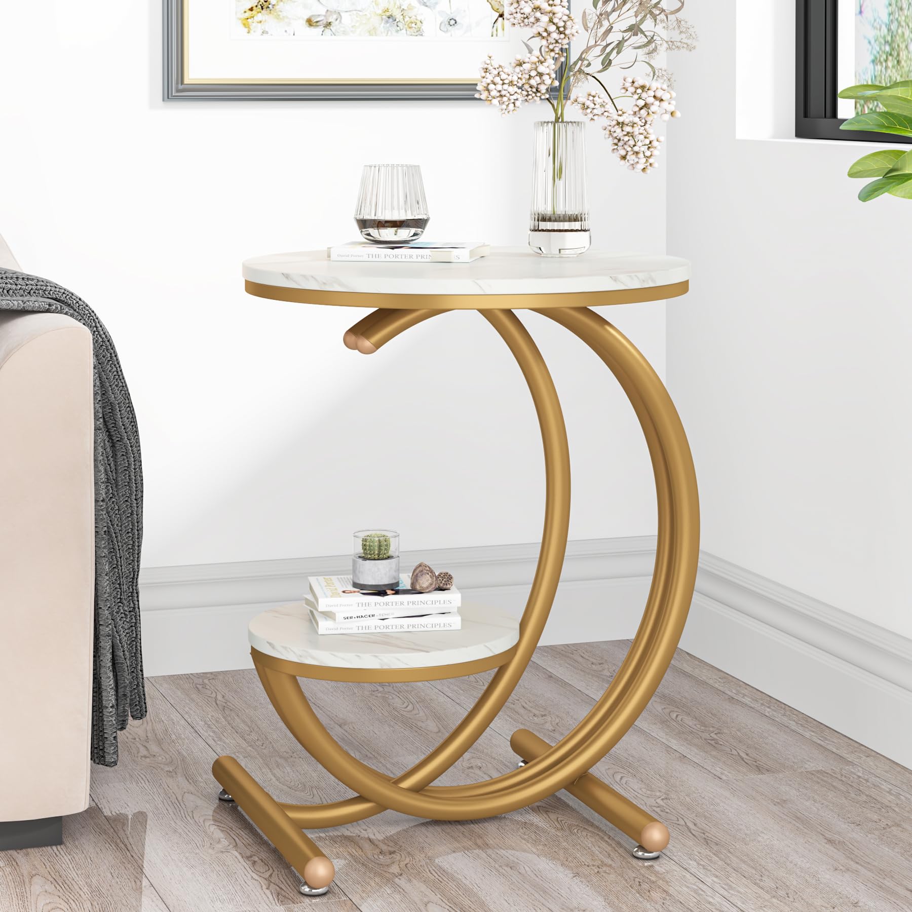 Table De Chevet En Forme De C - 2 étages, Plateau Rond 50 Cm - Style Campagne Pour Chambre Ou Salon - Gain De Place