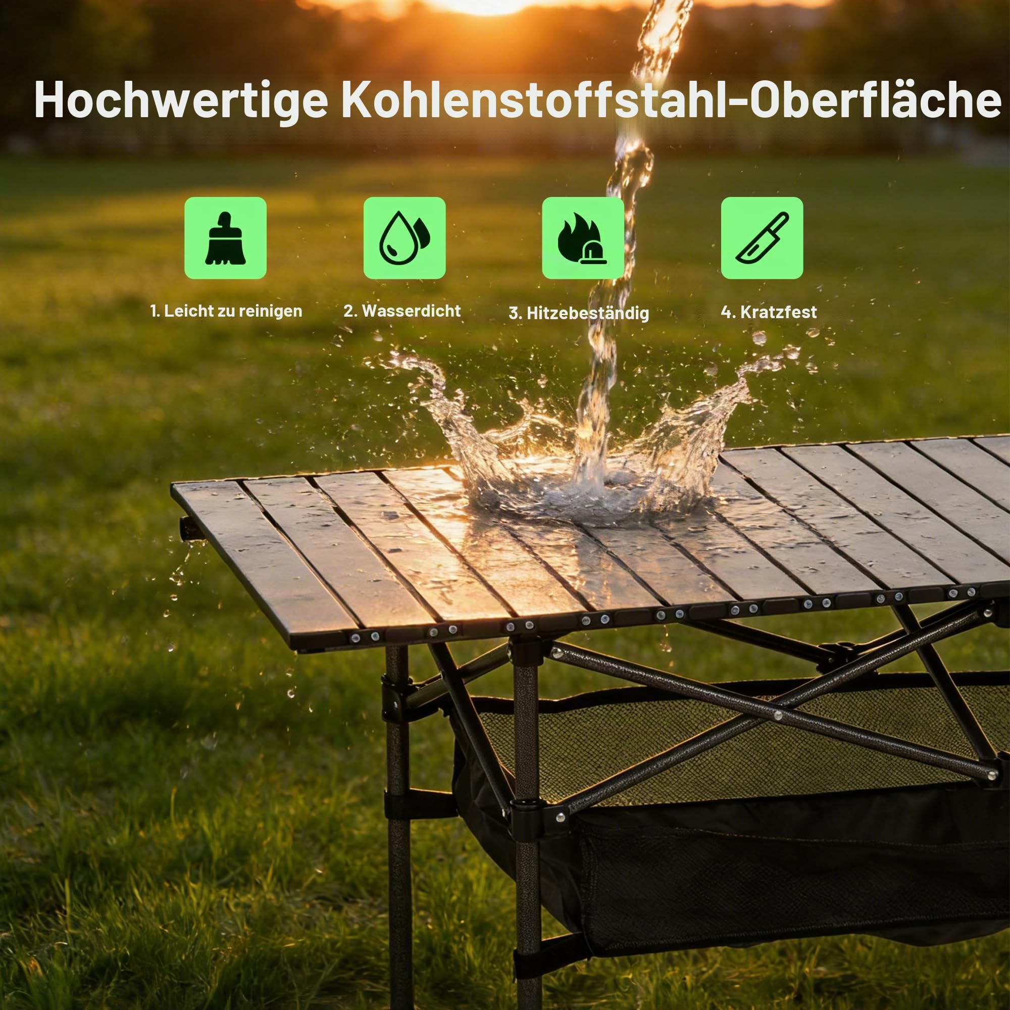 Großer Klapptisch Camping Höhenverstellbar, 120 x 55 cm Tragbarer Outdoor Picknicktisch mit Aufbewahrungsnetz & Tragetasche, Stabiler Rolltisch aus Carbonstahl für Camping, Grillen, Angeln