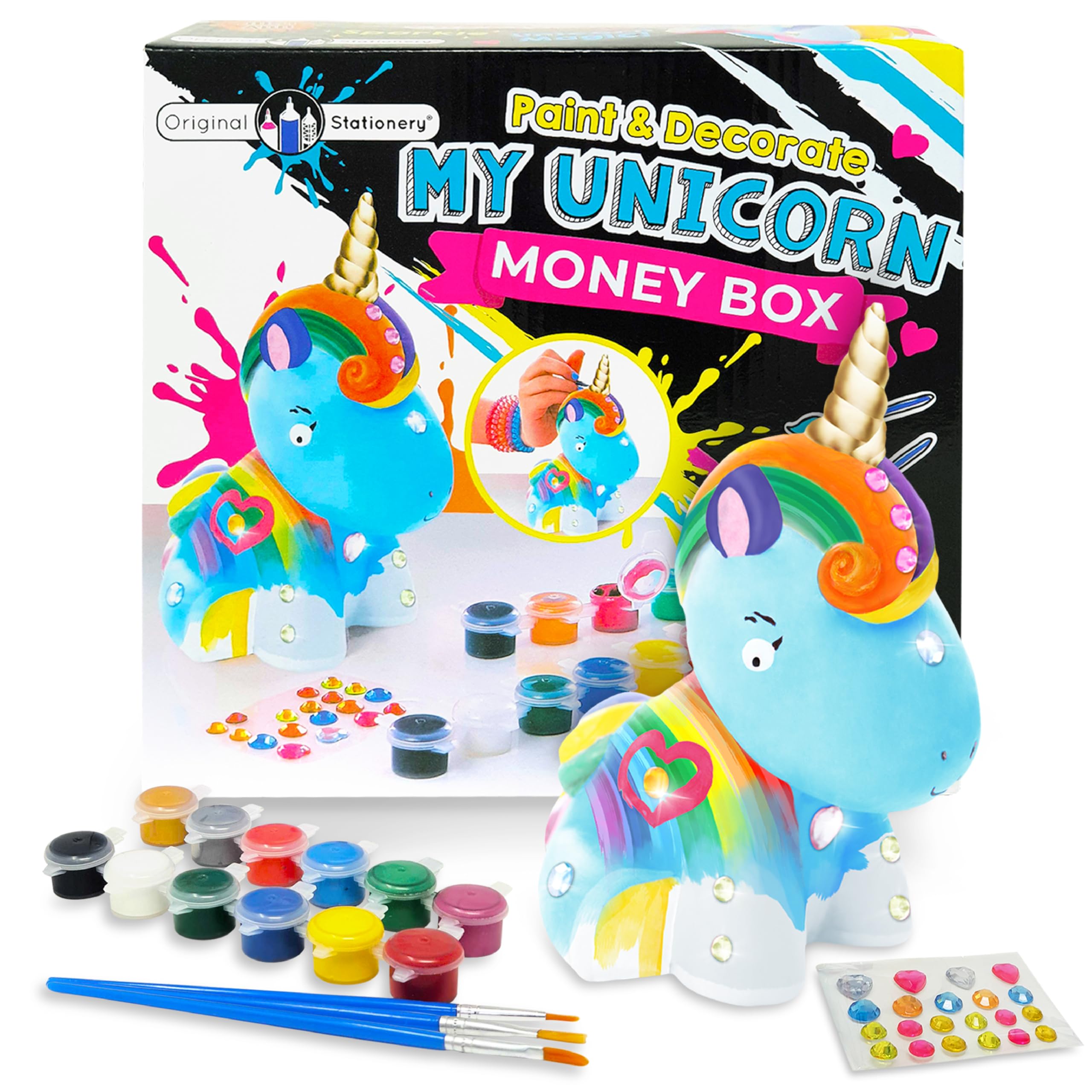 Original StationeryPaint Your Own Unicorn Bank - Multicolor Ceramic, 38-Piece Set - Unicorn Craft Bank & Painting Kit with 21 Gems & Glitter - Kids Craft Kit & Money Box Gift for Girls