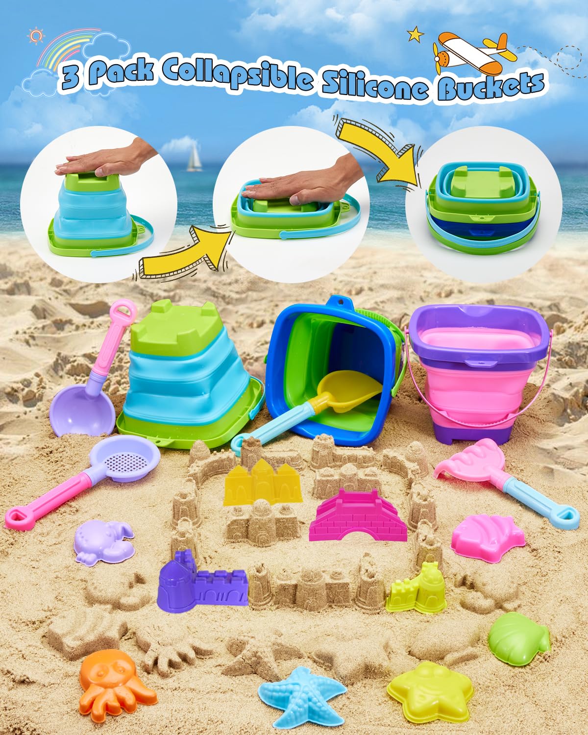 Unistylar Beach Toys, Sand Beach Toys for Toddlers with 3 Collapsible Foldable Sand Bucket and Shovels, Mesh Bag, Castle Animal Molds Sets, Travel Sandbox for Kids Age 3-10
