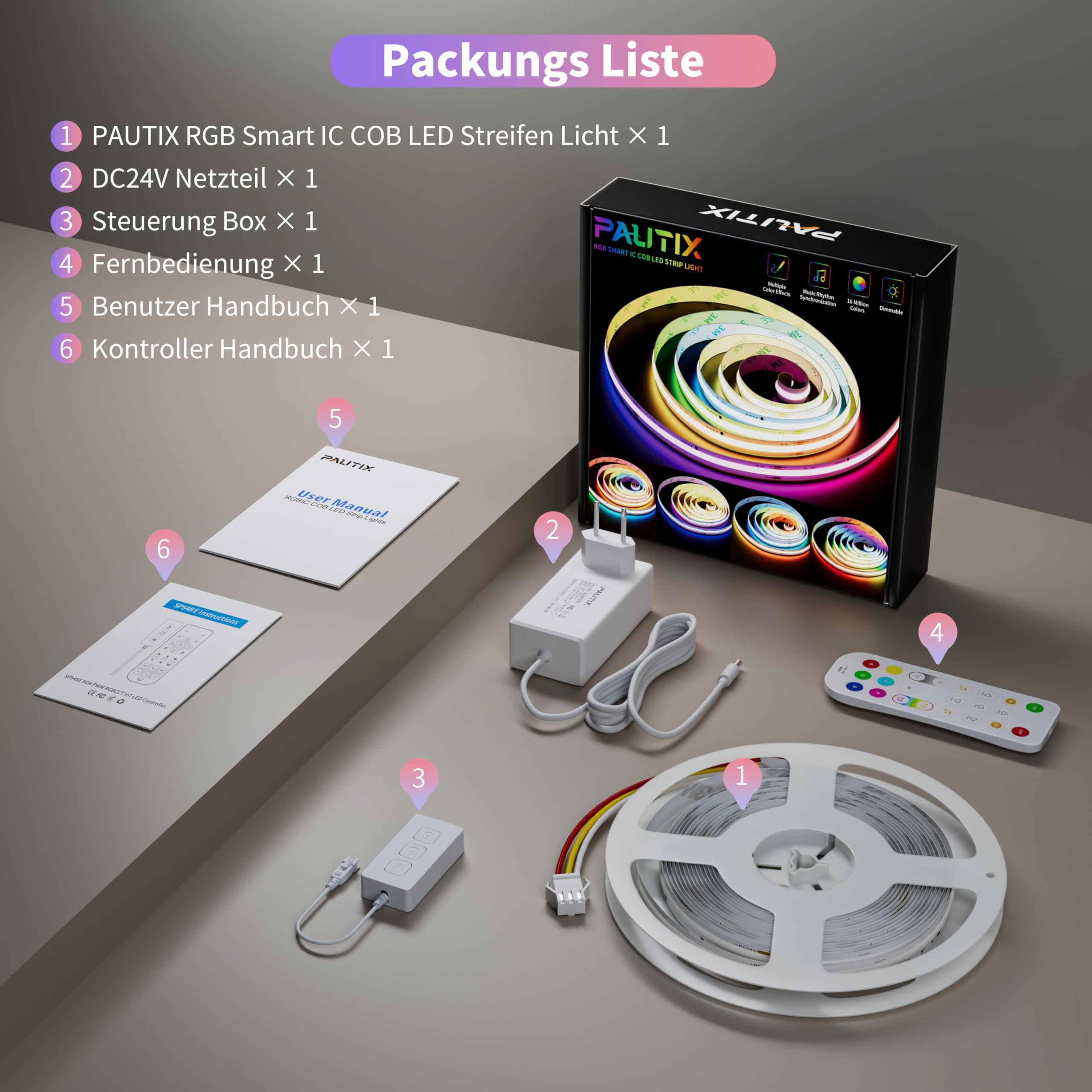 PAUTIX WIFI RGB Smart IC COB LED Streifen Kit 5M,24V Pixel Adressierbare Regenbogen Farbwechselnde LED Band Smart Funktion mit Alexa und Netzteil für DIY Beleuchtung Projekte