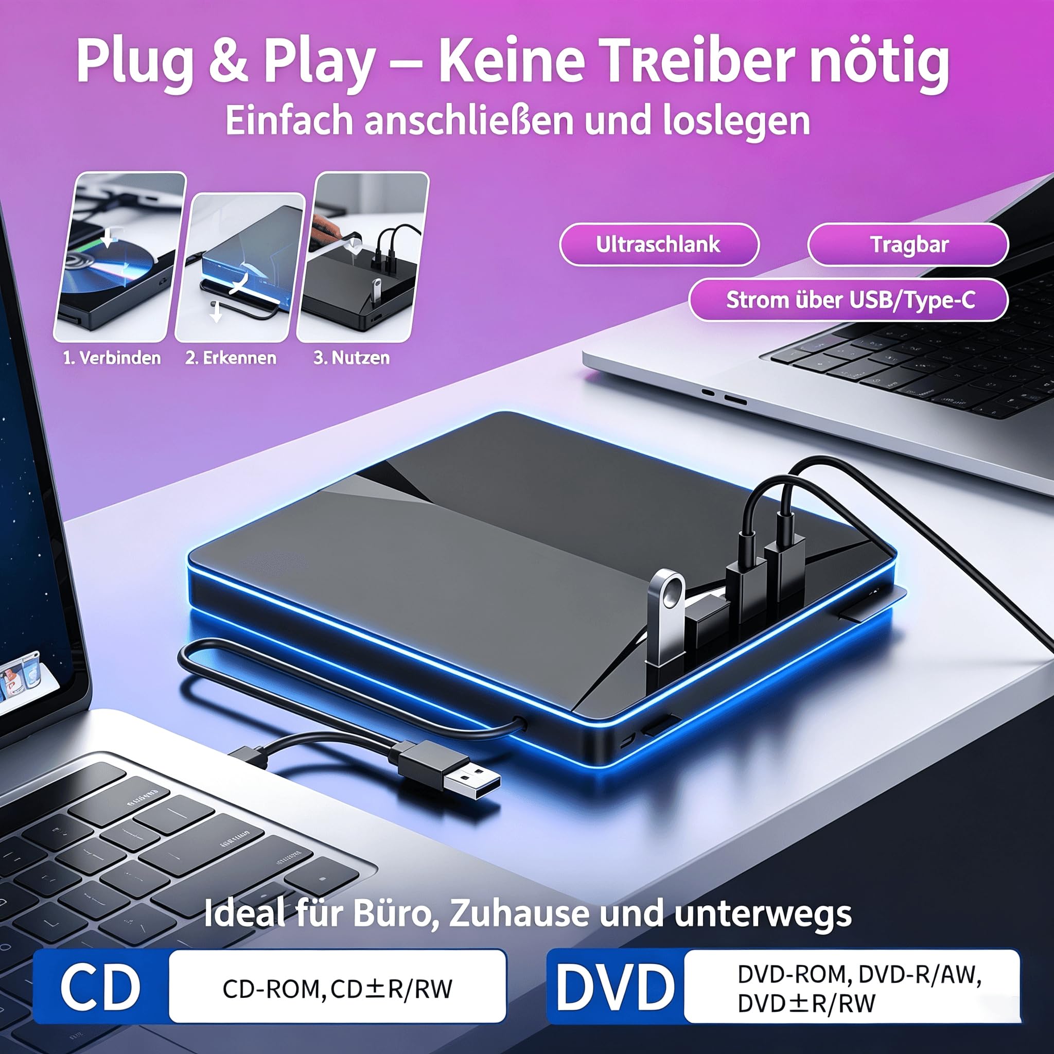 vvia Zewnętrzny napęd CD/DVD, USB 3.0 i palnik typu C