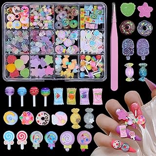 3D Candy Nail Charms, Lollipop Donuts Multi Shapes and Colors Heart Star for Nail Art, Assorted Cute DIY Decorations Design With Pickup Tools