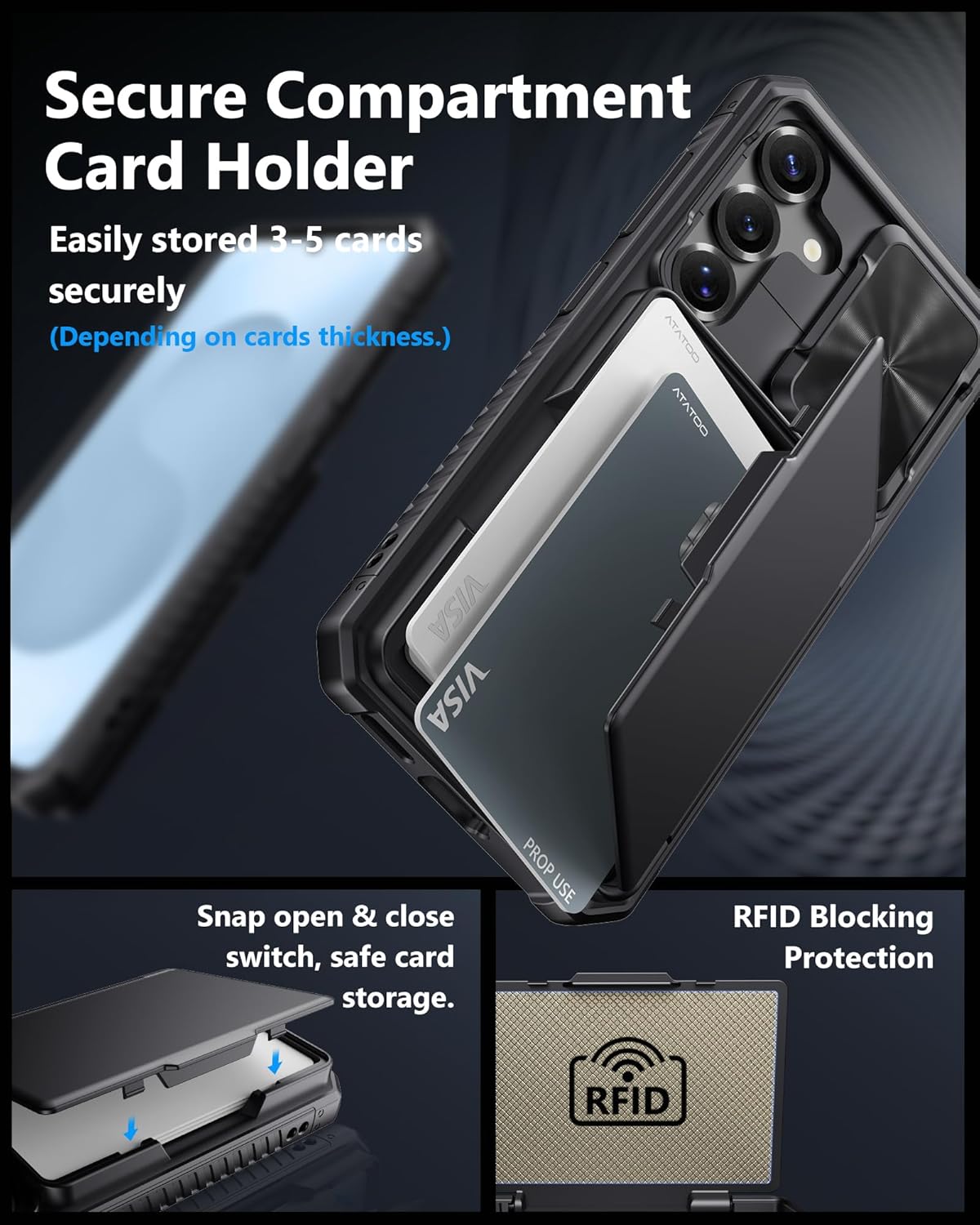 ATATOO for Samsung Galaxy S25 Case Wallet with HD Tempered Glass Screen Protector [2 Pack], Build-in Card Holder, Slide Camera Cover, Military Grade Protection, Hard Case for Galaxy S25 6.2", Black