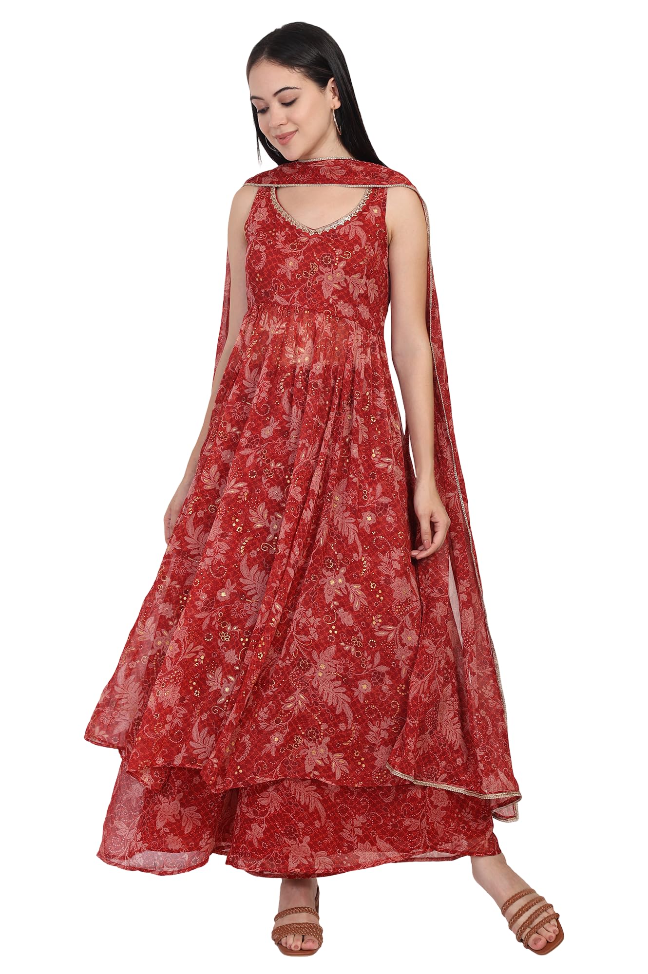 Floral Print Zari Work Anarkali Chiffon Kurta with Flared Pant and Dupatta Set-image-46