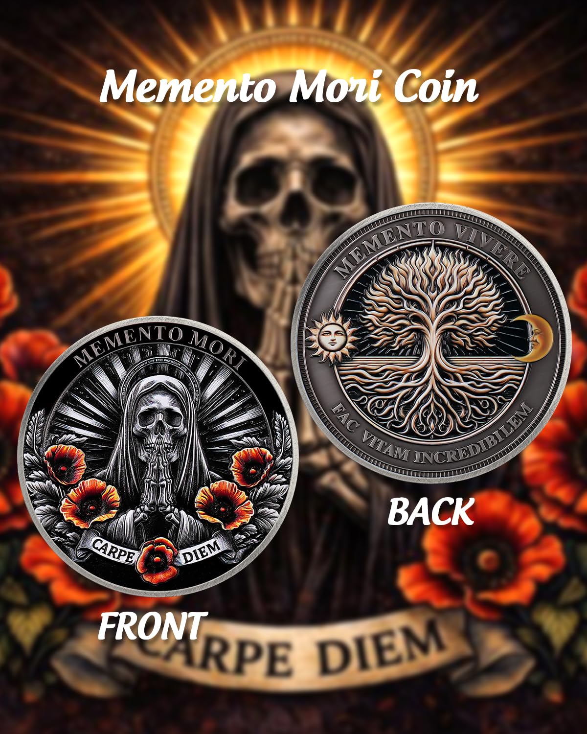 ACGZQY Memento Mori Coin, Skull Tree of Life Memento Vivere Coin, Poppy Flower Stoic EDC Challenge Coin for Daily Practice - Image 2