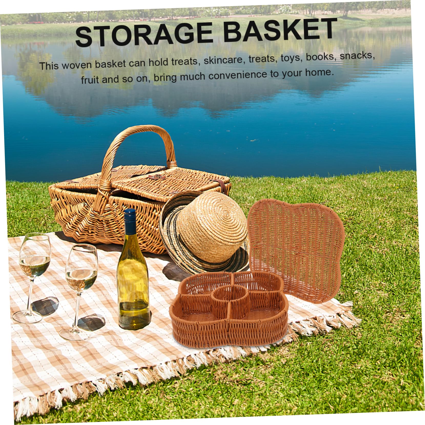 Cabilock Woven Snack Basket Mit Deckel Praktischer Aufbewahrungskorb Für Snacks Obst Und Mehr Für Picknicks Partys Und Täglichen Gebrauch Blumenmuster
