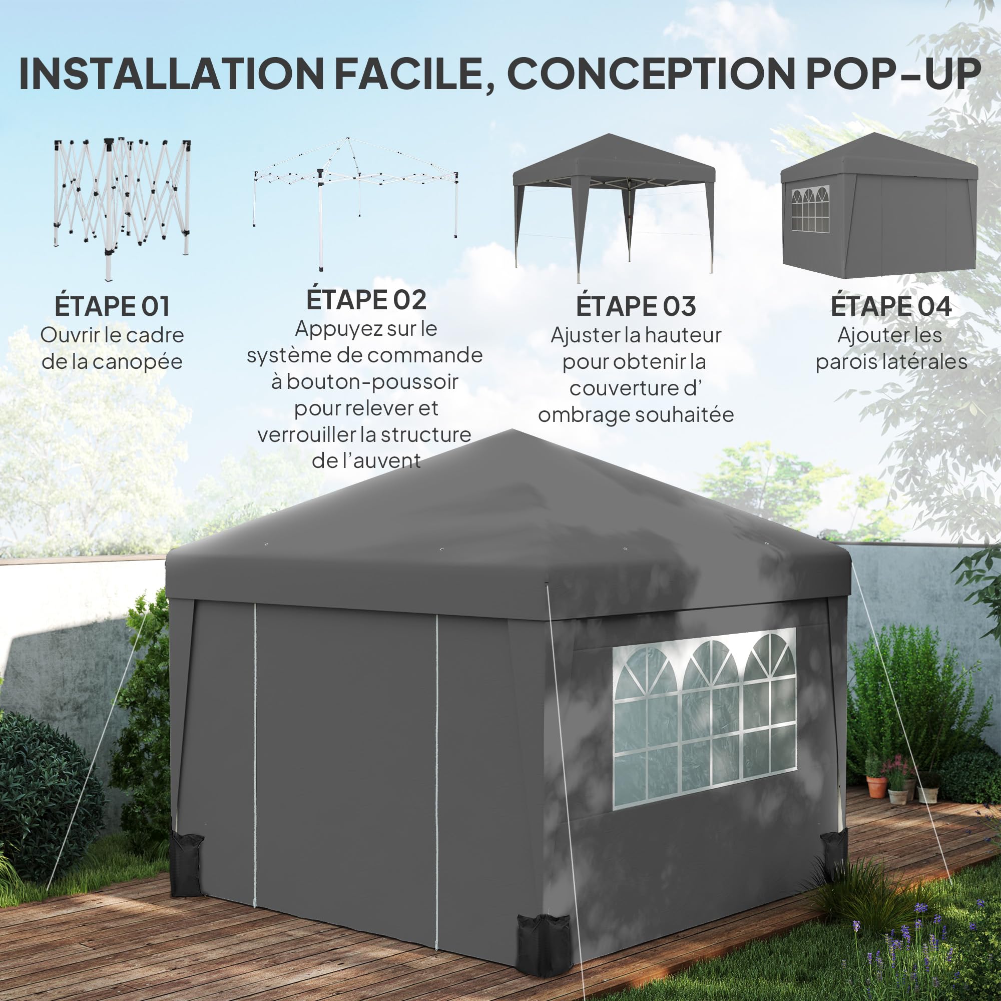 Outsunny Tonnelle de Jardin Pop-Up Pliante Anti-UV 30 + 3 x 3 m Gris Foncé | Tonnelle Barnum, Tente de Réception, avec Fenêtres, Parois Latérales, Sac de Transport, Sacs de Sable