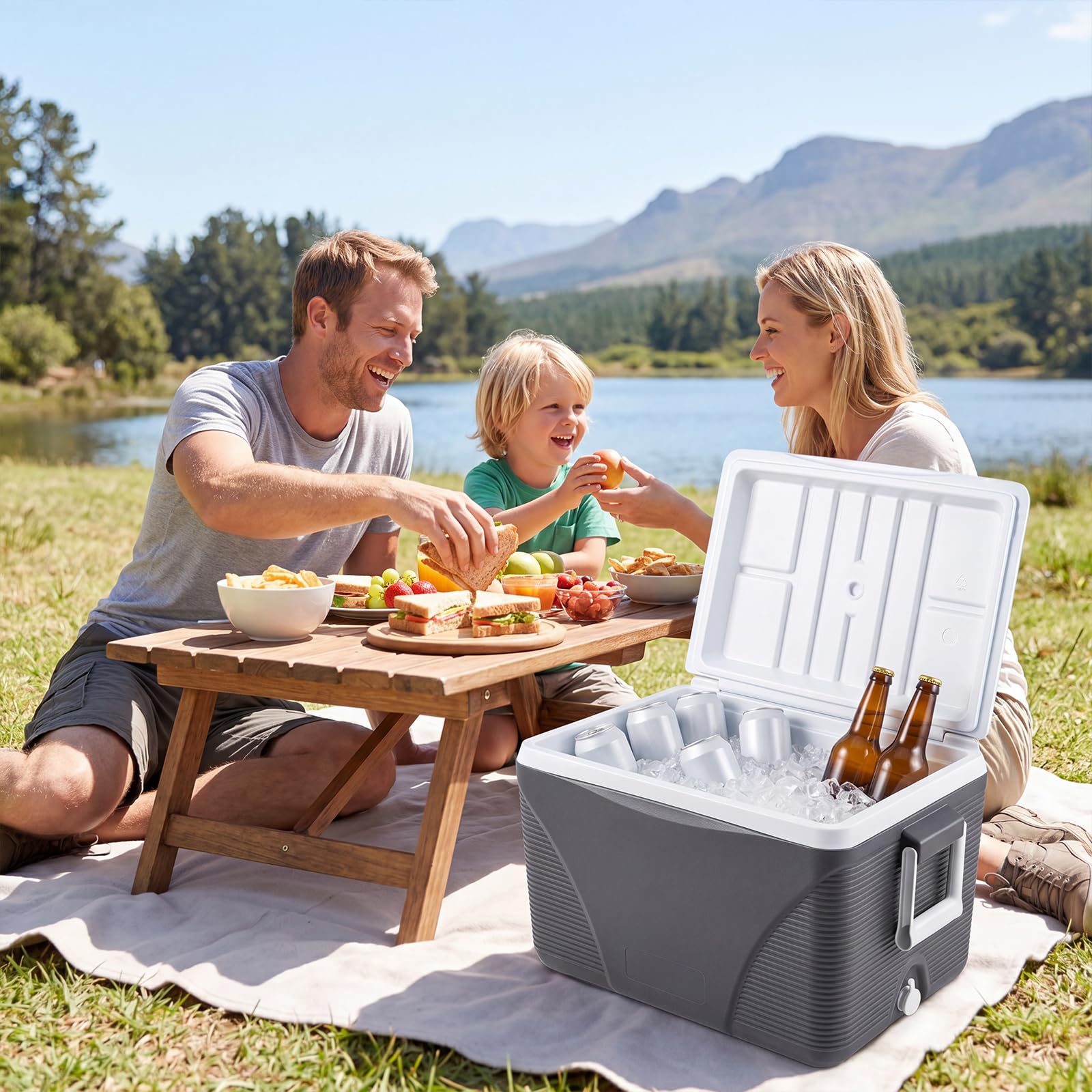 COSTWAY Nevera Portátil de 41 L, Nevera Camping Rígida con Asas Laterales y 4 Portavasos, Refrigerador Portátil Grande con Interior de PP, Relleno de Espuma PU para Acampadas Pesca Picnic