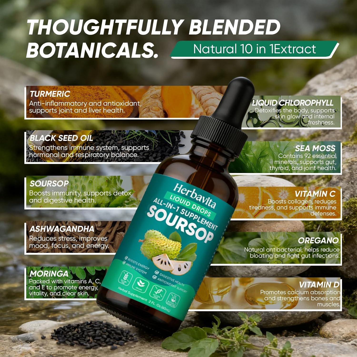 Herbavita Soursop Bitters Liquid Drops 10 in 1 with Sea Moss, Moringa, Turmeric, Black Seed Oil, Oregano, Ashwagandha, Herbal Extracts for Overall Health-Enhancing,Boost Immunity,Heart Health,2 Fl Oz - Image 3