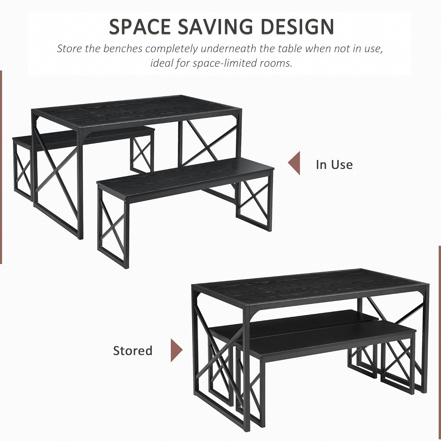Illustration showing the dining table set with benches both in use and stored underneath the table.