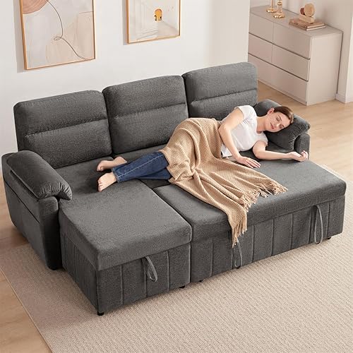 Tbfit 84’’ Queen Sleeper Sofa Couch with Pullout Bed, 3 in 1 Cloud Sofa Bed Couch with Storage Chaise & USB, Chenille Convertible Sleeper Sofa, Pull Out Sofas for Living Room, Small Spaces, Dark Gray