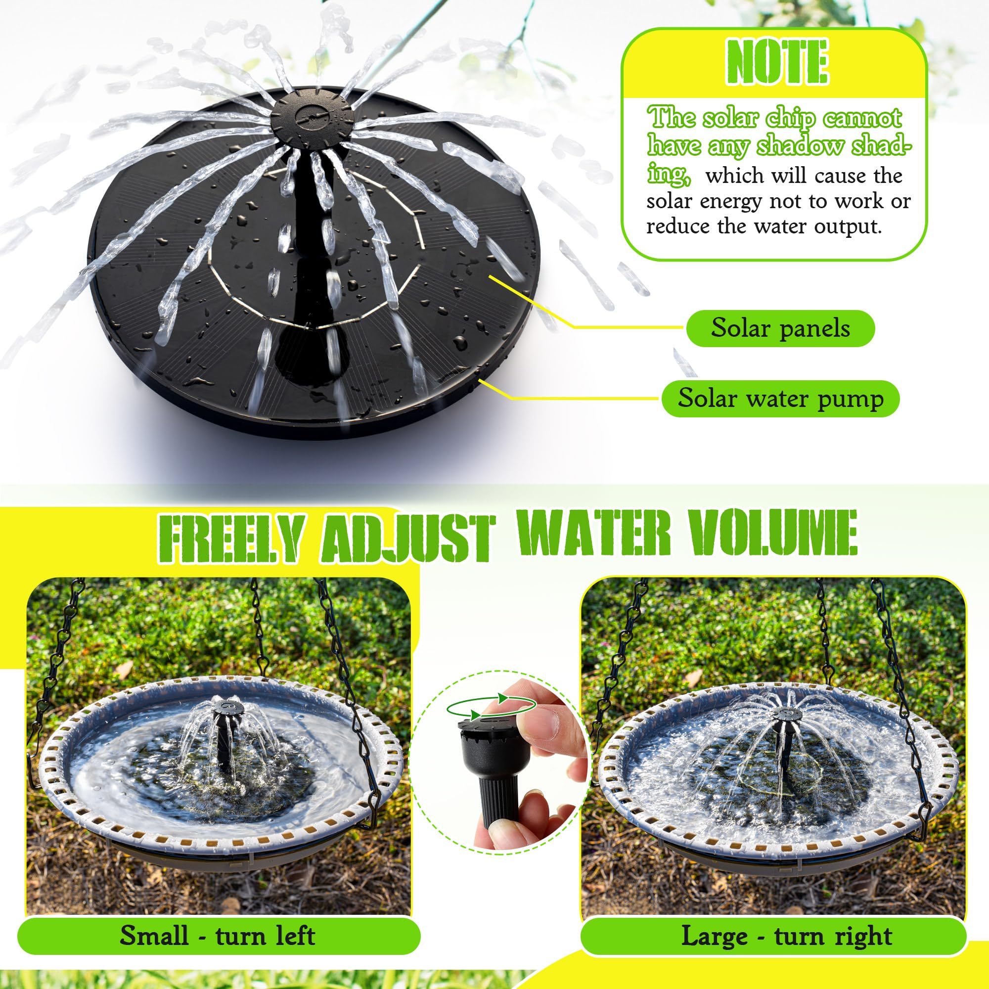 Fuente solar de baño para pájaros para exteriores con 4 patrones de agua | Juego combinado de bomba de agua de colibrí con energía solar colgante para jardín, patio, césped