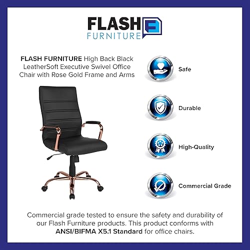 Miniatura 13 de Flash Furniture - Silla giratoria ejecutiva Whitney para oficina, con respaldo alto de LeatherSoft negro y montura color oro rosa, con reposabrazos