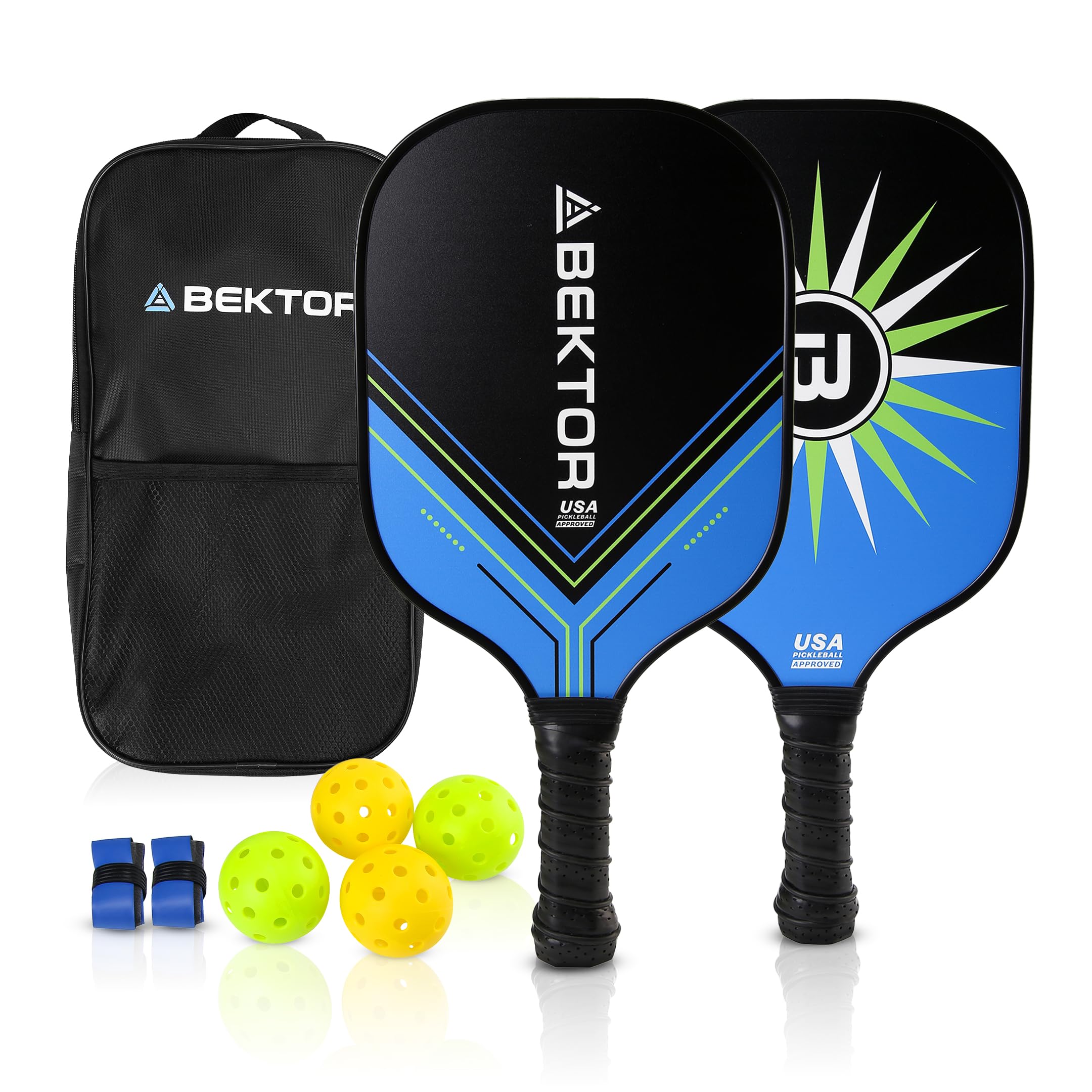 Set Pickleball Completo con Palas de Fibra de Vidrio – 2 Palas, 4 Pelotas, Bolsa de Transporte y Overgrips – Kit Pickleball para Todos los Niveles