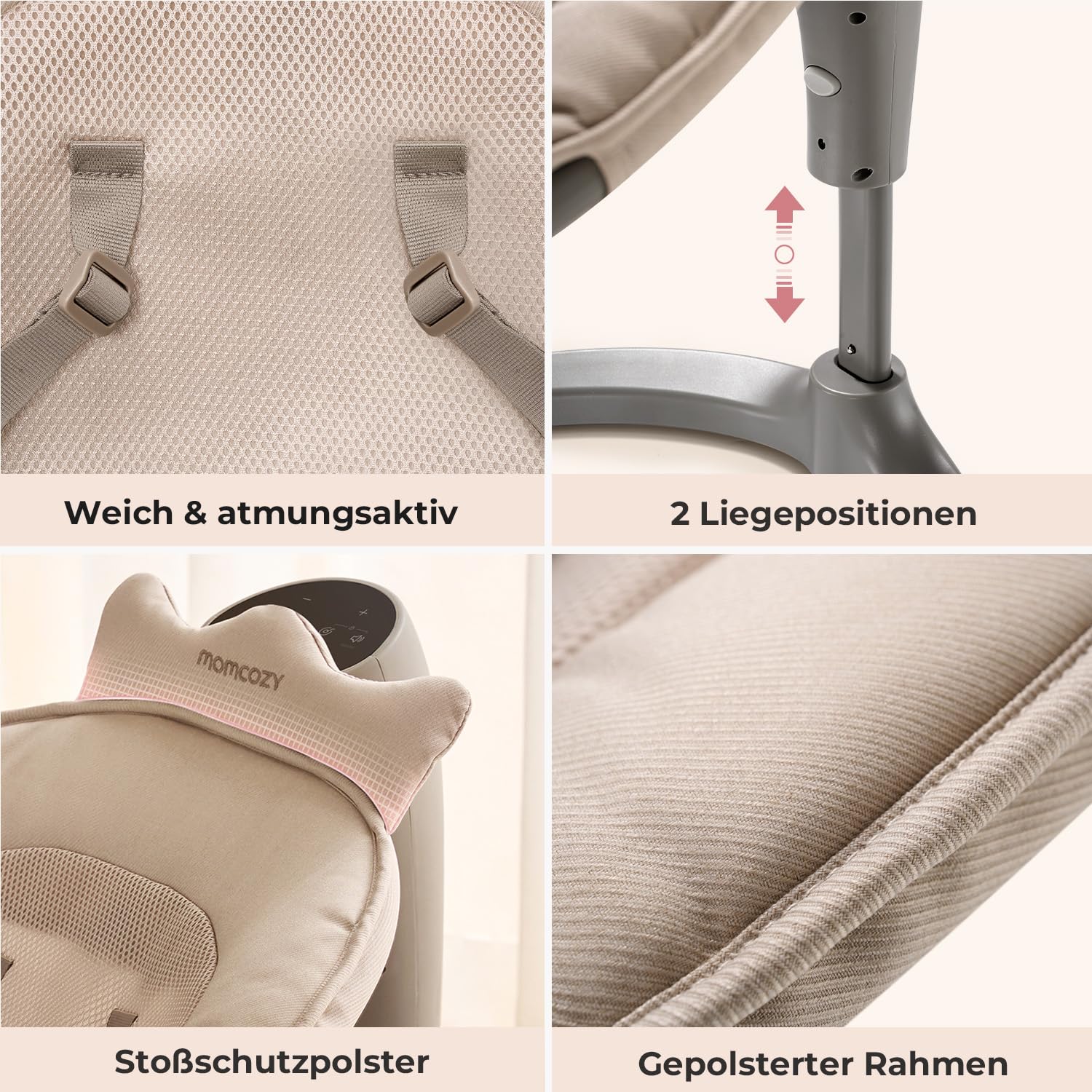 Momcozy 2-in-1 Elektrische Babywippe, 4 Bewegungen & 4 Geschwindigkeiten, Doppelarm-Struktur, 2 Liegepositionen, Wiegenlieder & Plüschspielzeug, Ab Geburt bis 30 kg, 0-6 Jahre