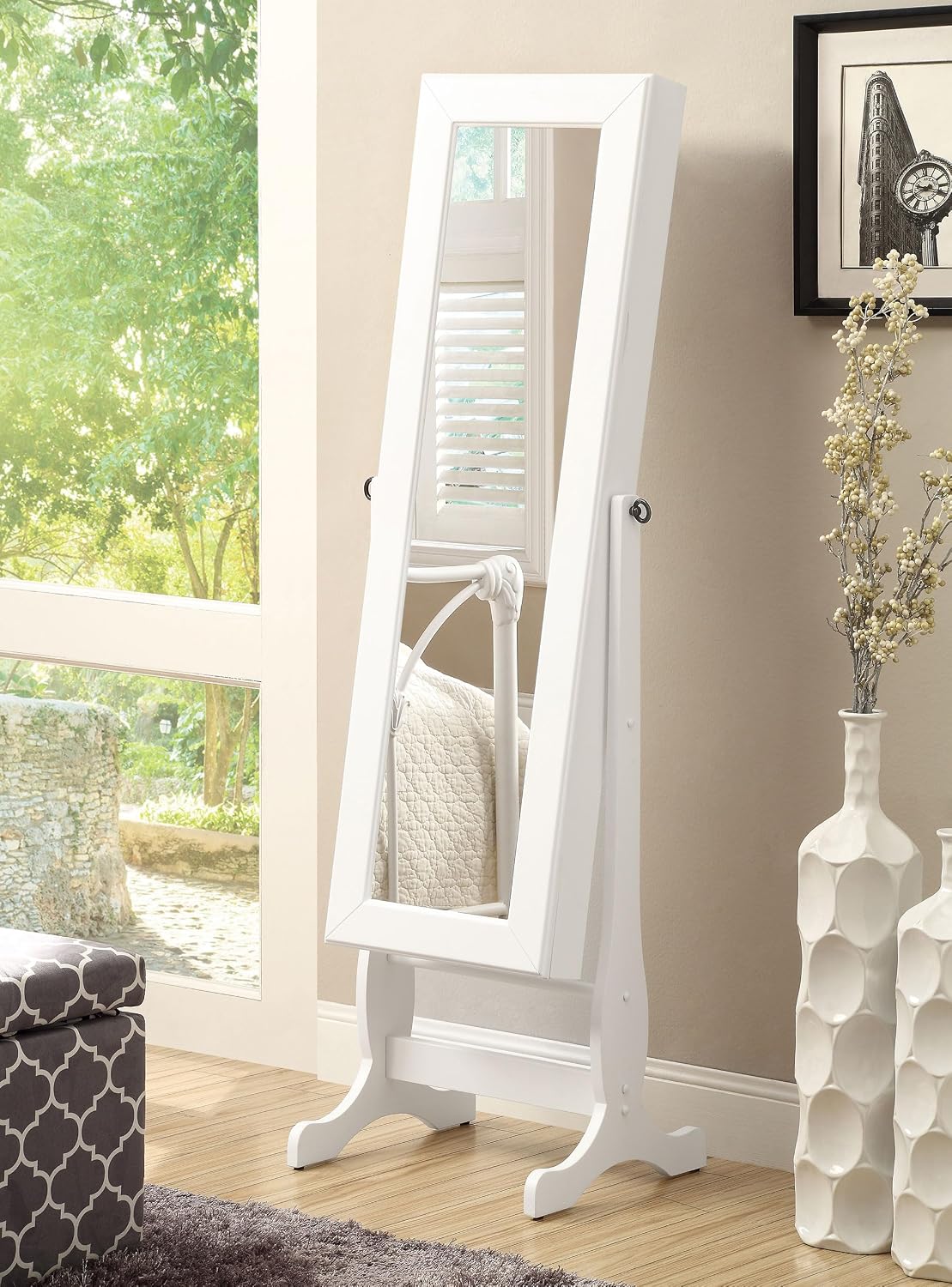 Coaster Home Furnishings Batista Contemporary Rectangular Cheval Mirror with Jewelry Storage Adjustable Bedroom Mirror Jewelry Armoire White 901804