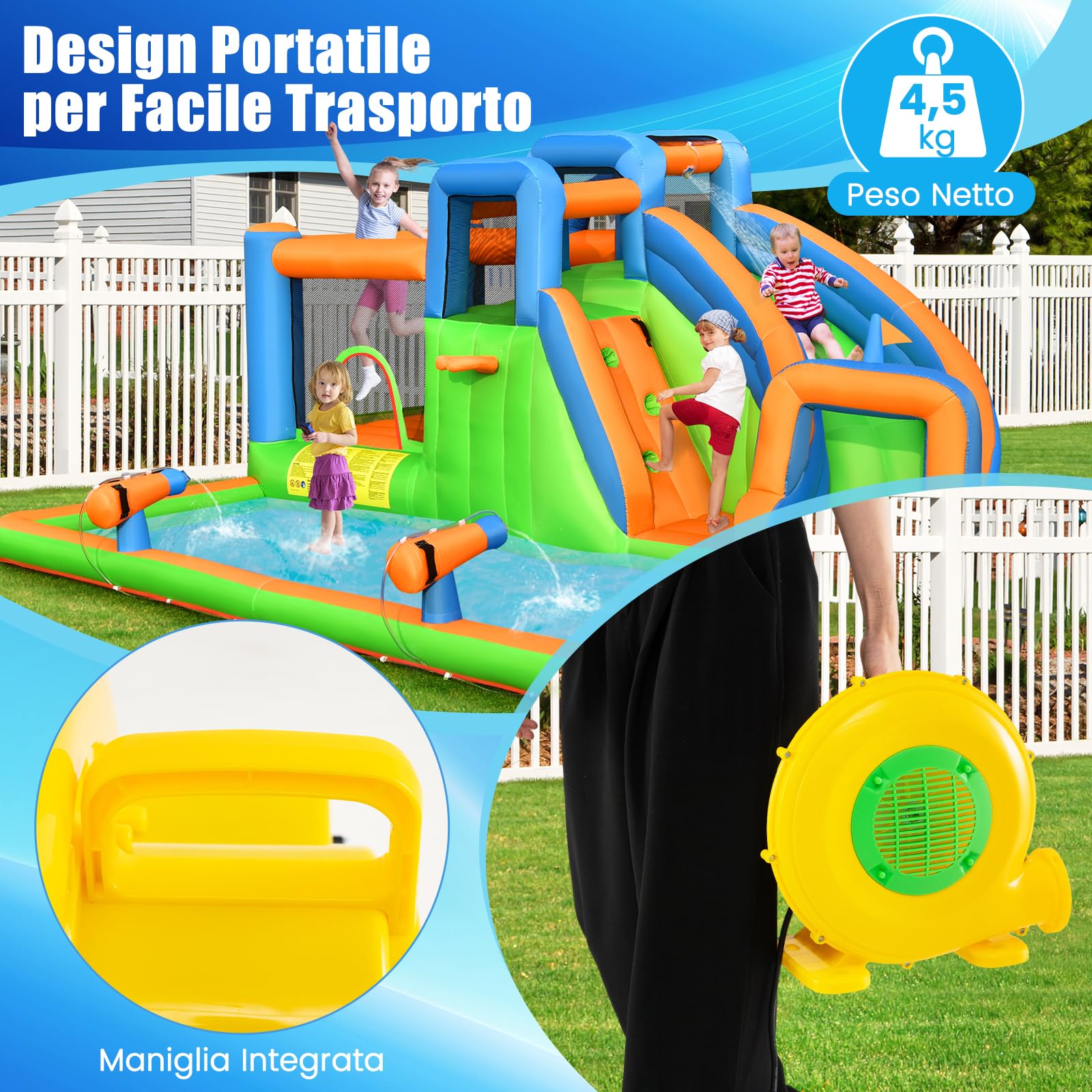 COSTWAY Ventilatore di Aria del Castello Gonfiabile, Soffiatore per Giochi Gonfiabili con Cavo di Alimentazione, Picchetti da Terreno, per Castello Gonfiabile, Scivolo Acquatico 450W