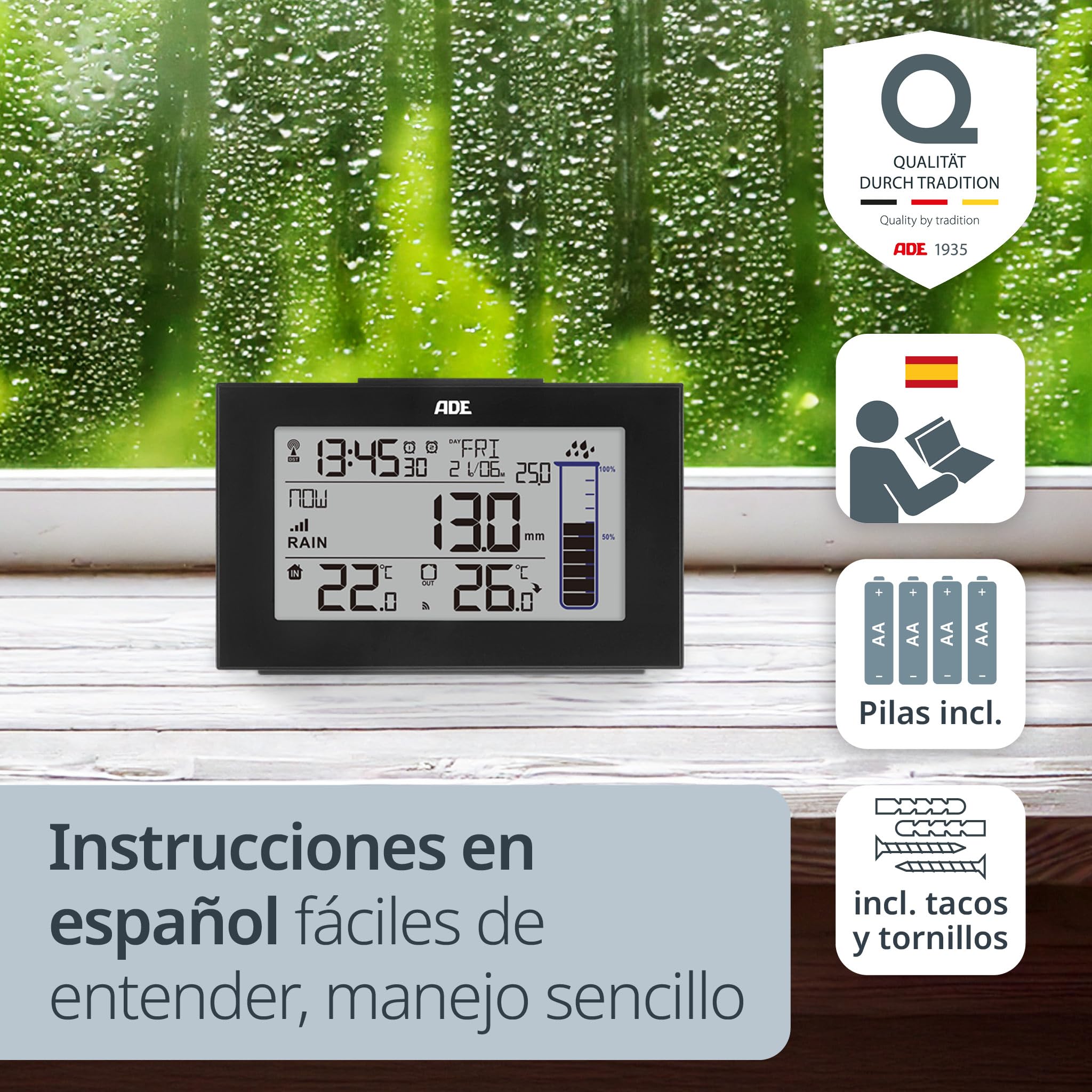 ADE Pluviómetro WS1907 (Estación meteorológica con pluviómetro para el jardín con Sensor de Radio, termómetro para Interior y Exterior, Radio Reloj Digital con Despertador), Negro